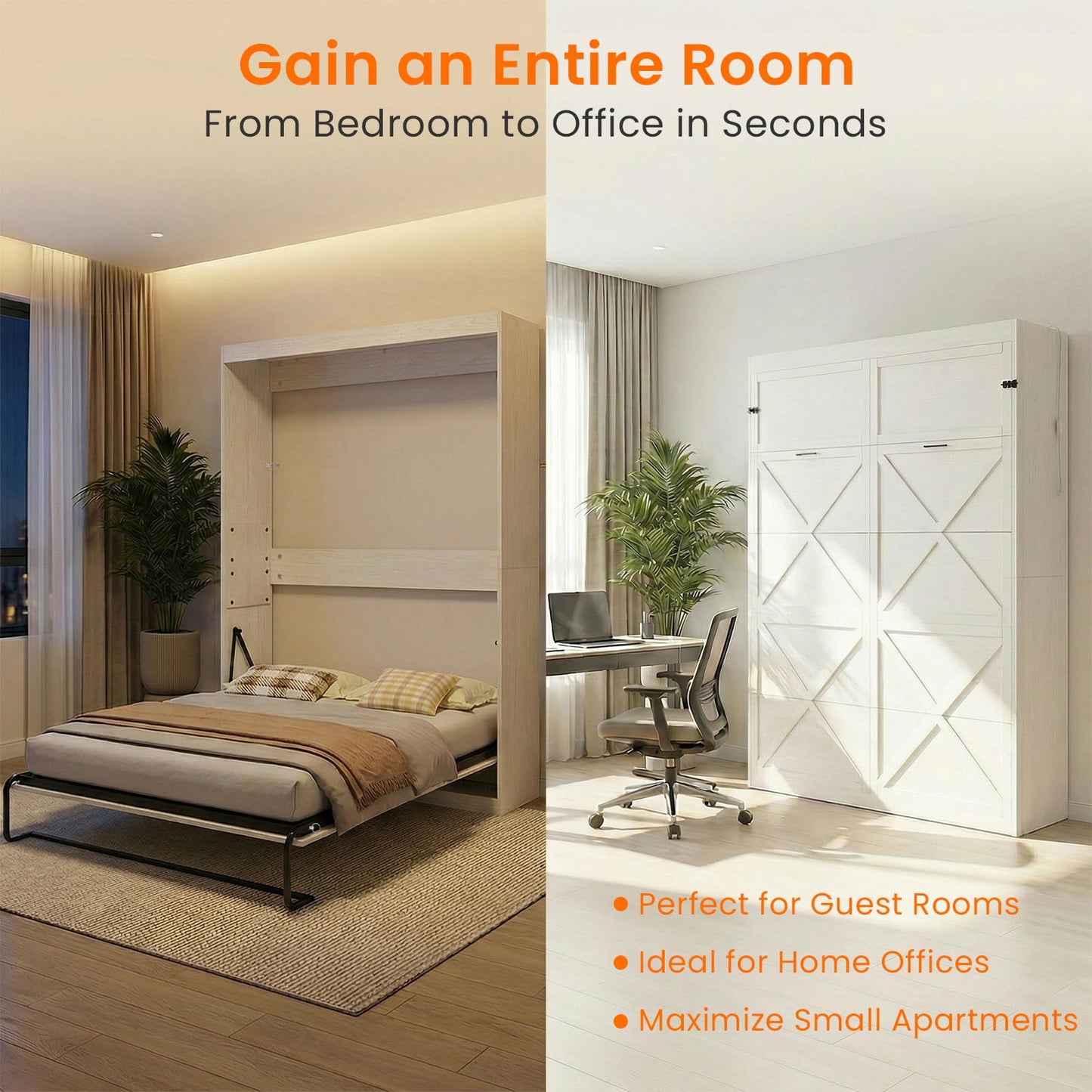 CECER Queen Size Wall Murphy Bed with LED Lights，Queen Murphy Cabinet Beds with Gas Struts，Space-Saving Wall Beds Cabinet Bed for Guest Room/Bedroom-White