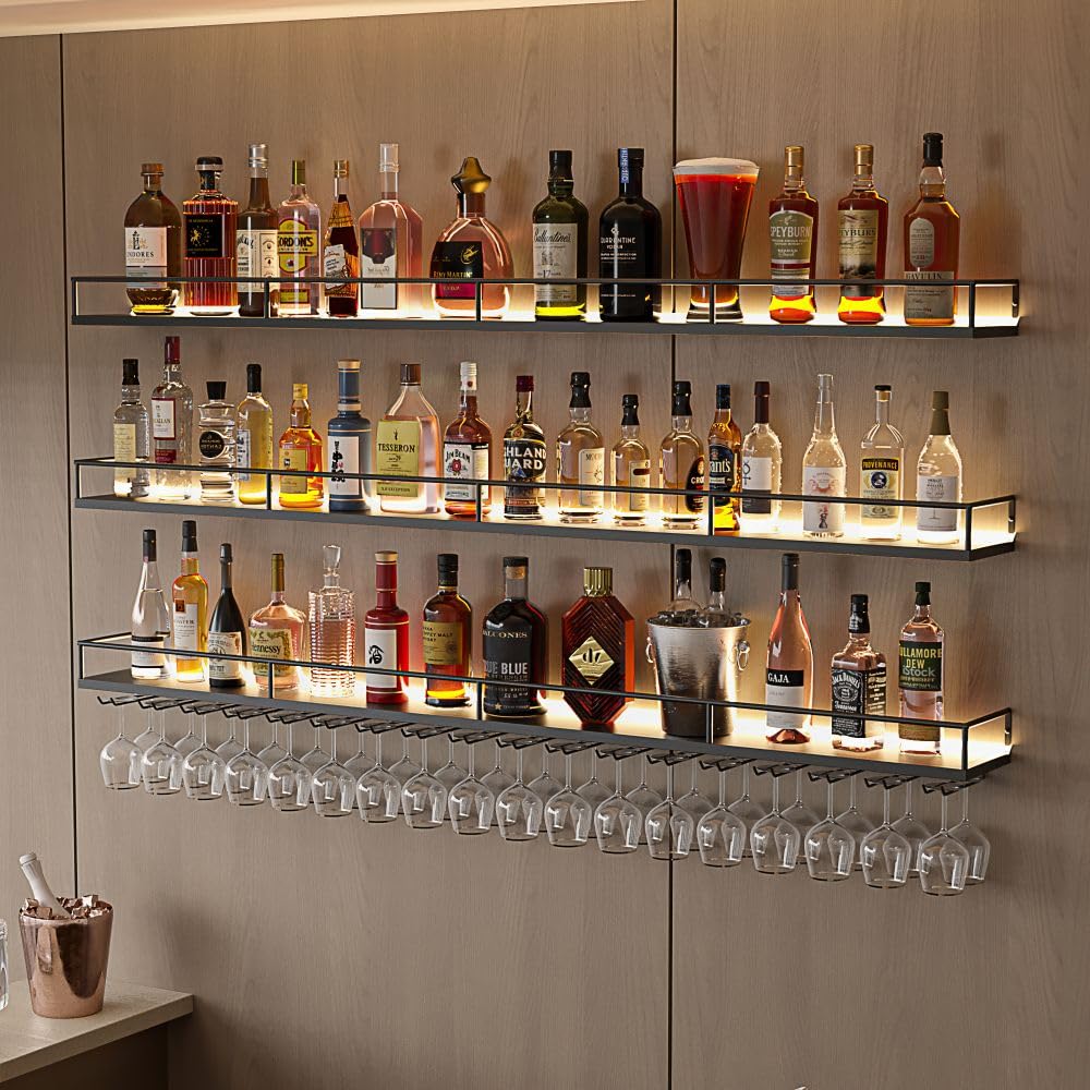 ZAOBAS 39.4" Wall Mounted Wine Rack with Lights, 3-Tier Floating Bar Shelf