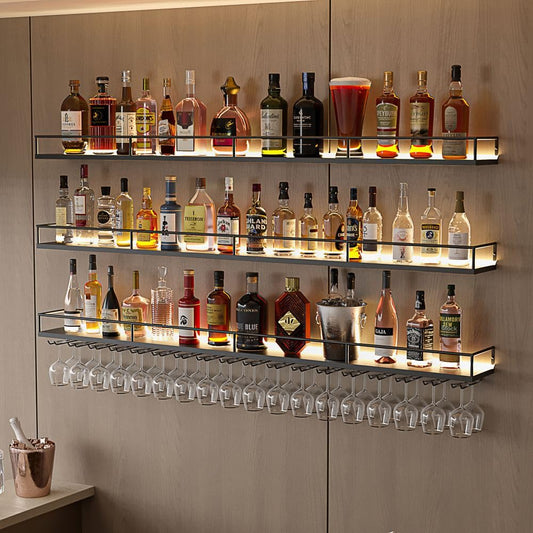ZAOBAS 39.4" Wall Mounted Wine Rack with Lights, 3-Tier Floating Bar Shelf