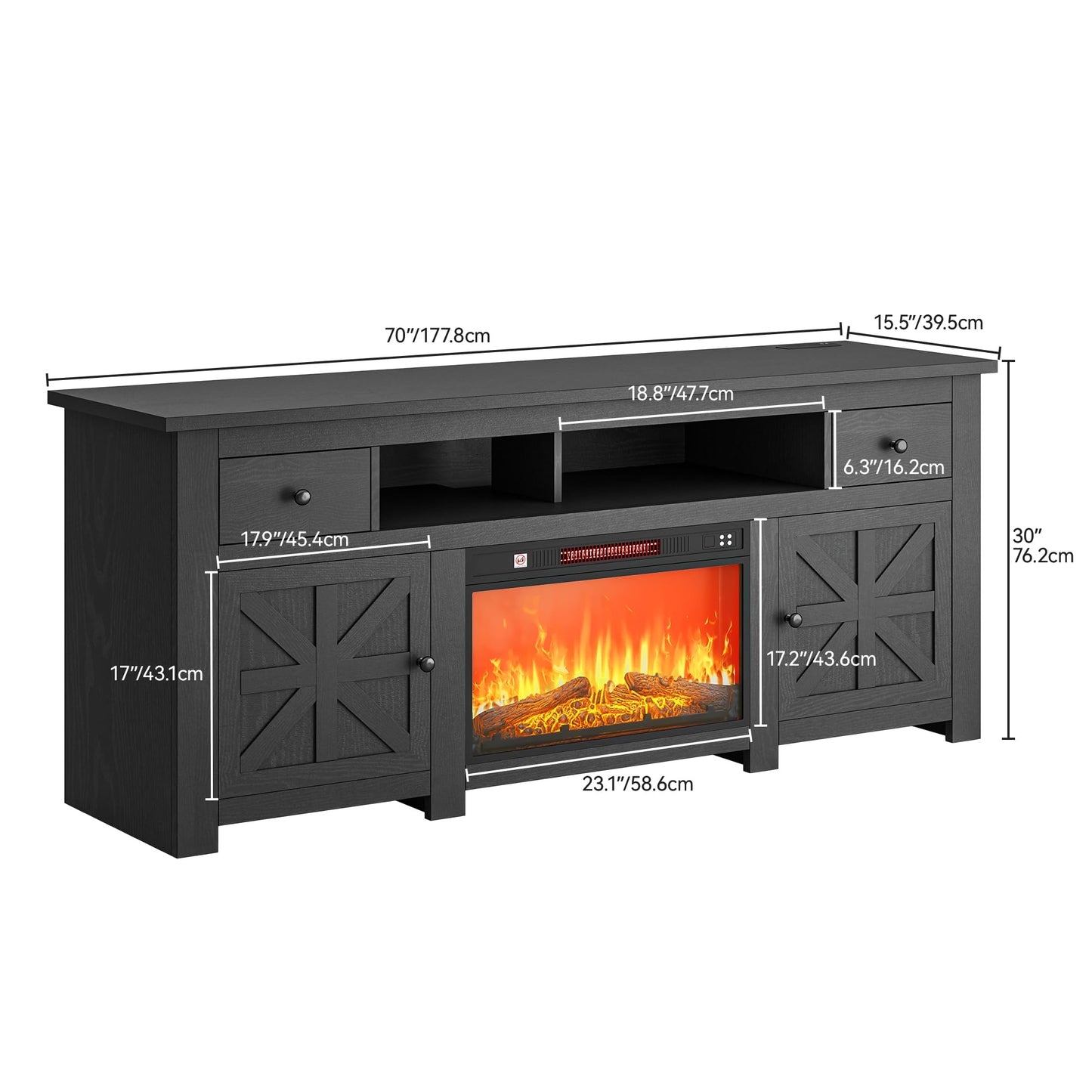 DWVO TV Stand with Fireplace for 75 Inch TVs, Entertainment Center with Power Outlet, Electric Fireplace TV Stands for Living Room, TV Console with Storage Drawers & Cabinets (Black)