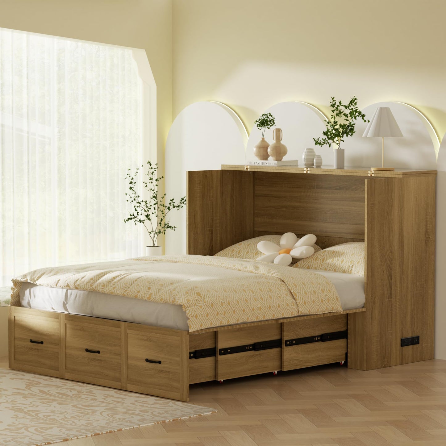 QUNTTINA Full Size Murphy Bed Wood Wall Bed Cabinet with Large Drawer Space-Saving Hidden Foldable Platform Bed Chest Mobile Cabinet Bed Frame Storage Cabinet with USB Ports for Bedroom, Guest Room