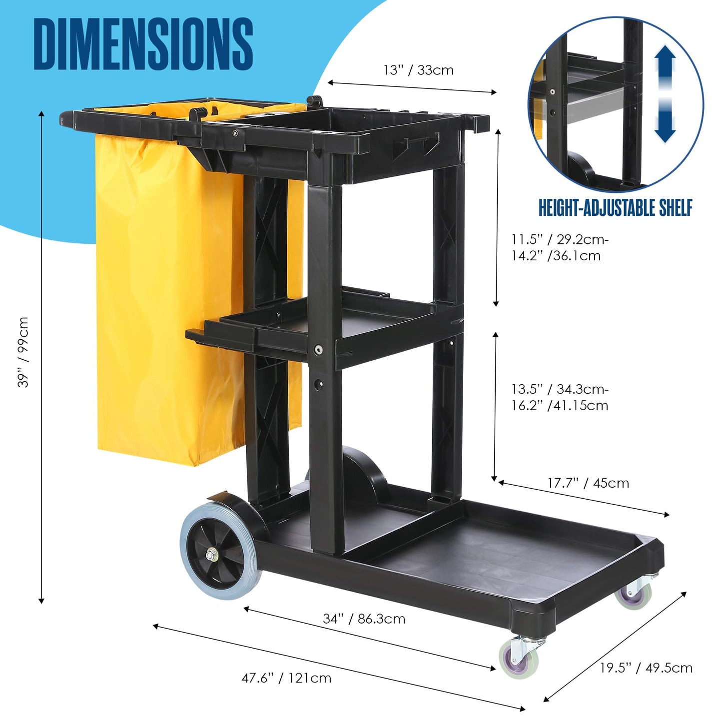 Houseables Cleaning Cart, Janitorial Cart, Cleaning Caddy with Wheels, for Housekeeping, Janitor, Custodian, House Keeping, Maintenance, Rolling Supply Organizer, Custodial, Maid, Commercial, 440 LB