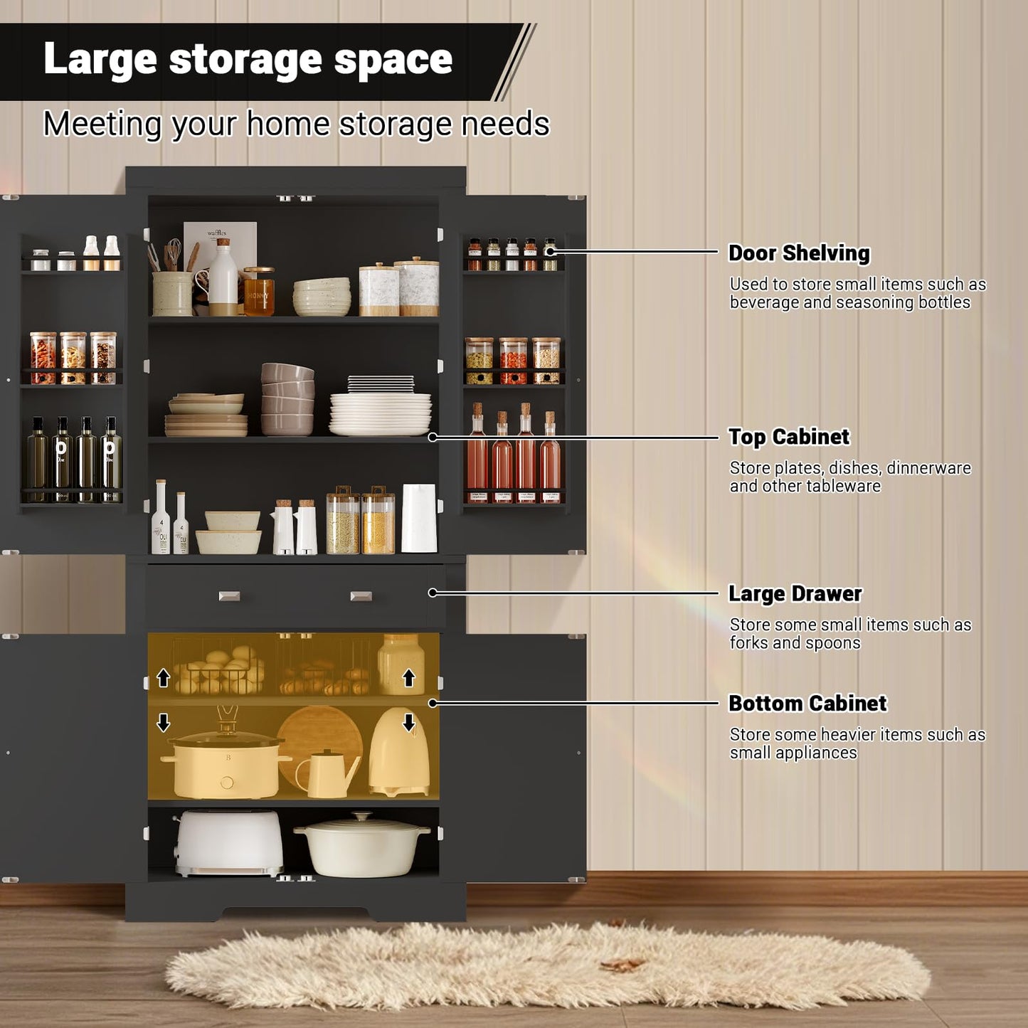 72" Kitchen Pantry Cabinet, Kitchen Pantry with 6 Door Shelves, 2 Cabinets and 1 Drawer, Tall Storage Cabinet for Living Room, Dining Room, Black