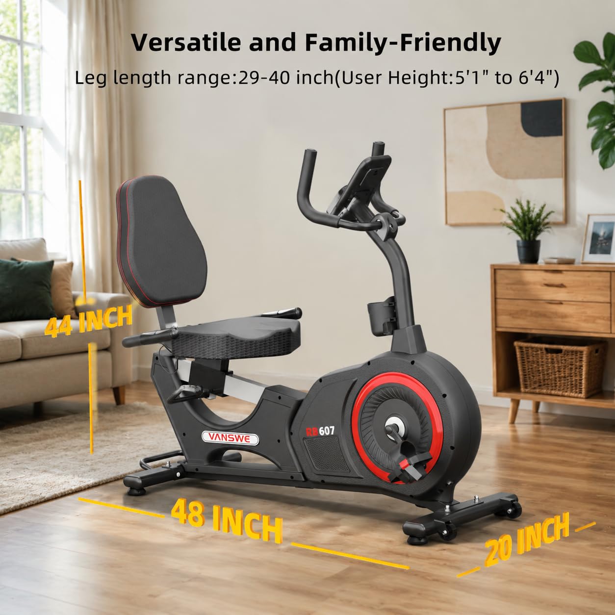 VANSWE Recumbent Exercise Bike for Seniors, Recumbent Stationary Bikes for Home with 450 LBS Weight Capacity, Backlit Monitor with 19 Built-In Programs, Bluetooth App Connectivity and 16-Level Electronically Controlled Magnetic Resistance