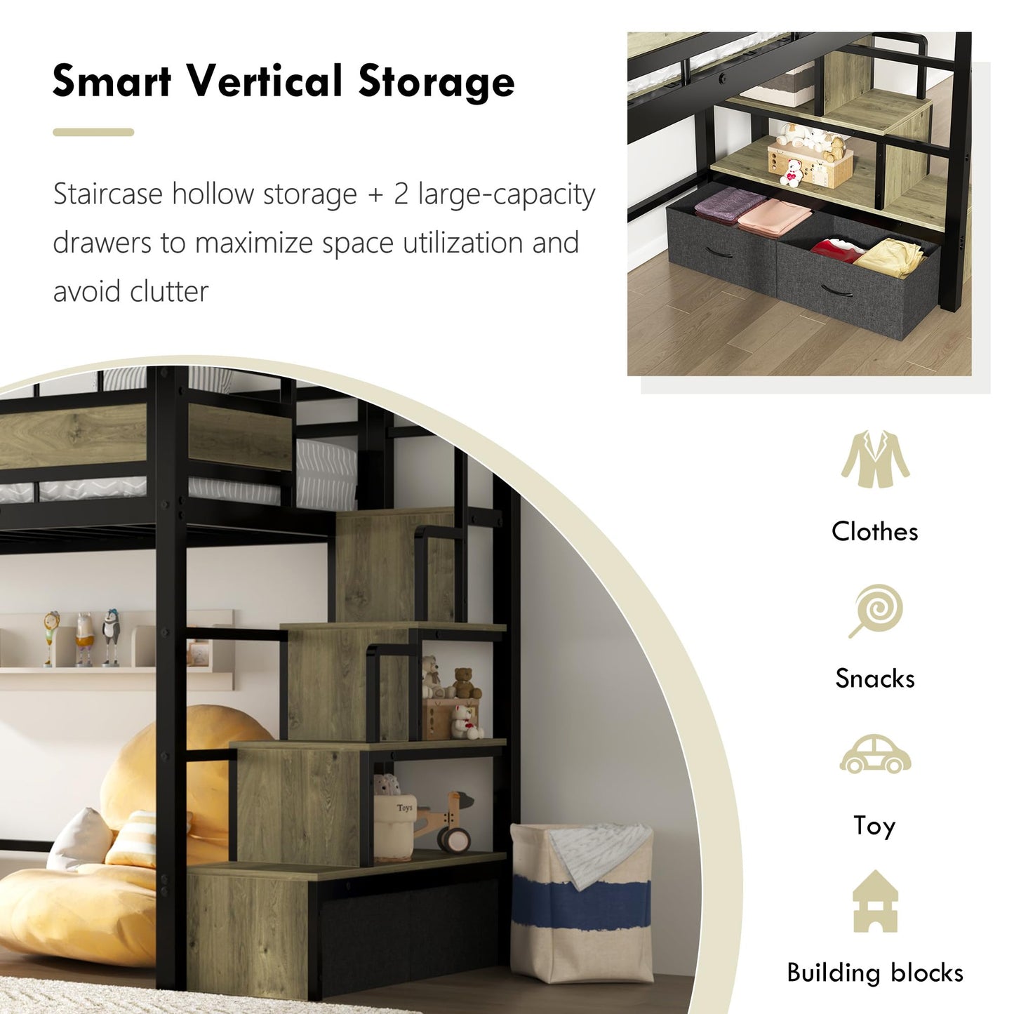 SDHYL Twin Size Loft Bed, with Storage Stairs & Drawers,Space-Saving Heavy-Duty Metal Bed Frame, No Box Spring Needed, Ideal for Dorms and Small Rooms, Easy Assembly, Black