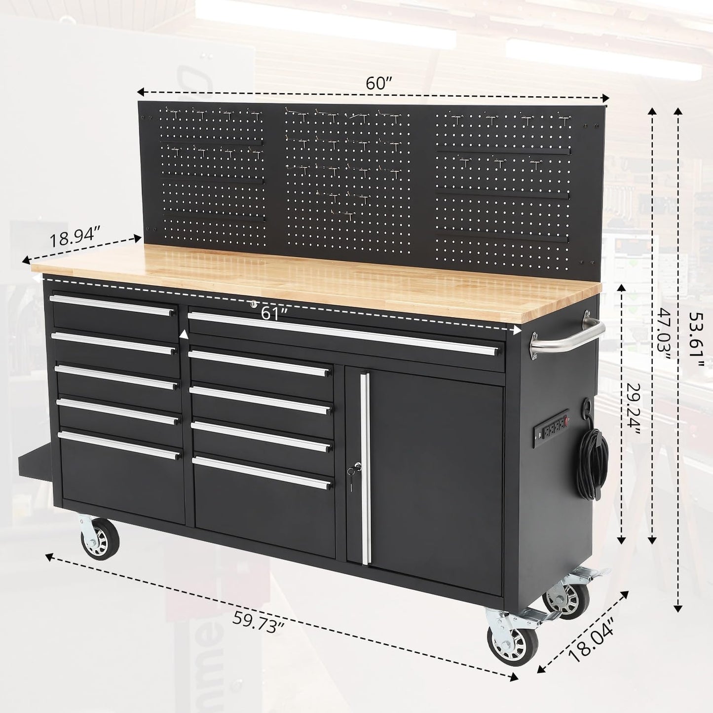 61-Inch Rolling Tool Chest with 10 Drawers & Power Strip, Solid Rubber Wood Top, 1675 LBS Load Heavy Duty Mobile Workstation, Locking System and Drawer Liners for Garage Warehouse Shop, Black