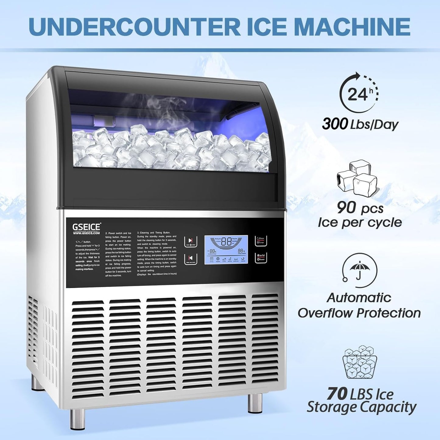 Commercial Ice Maker Machine - 200LBS/24H Under Counter Ice Machine with 70LBS Storage Bin, 90 Ice Cubes in 11Min, Stainless Steel Freestanding Ice Making Machine for Home Bar Outdoor
