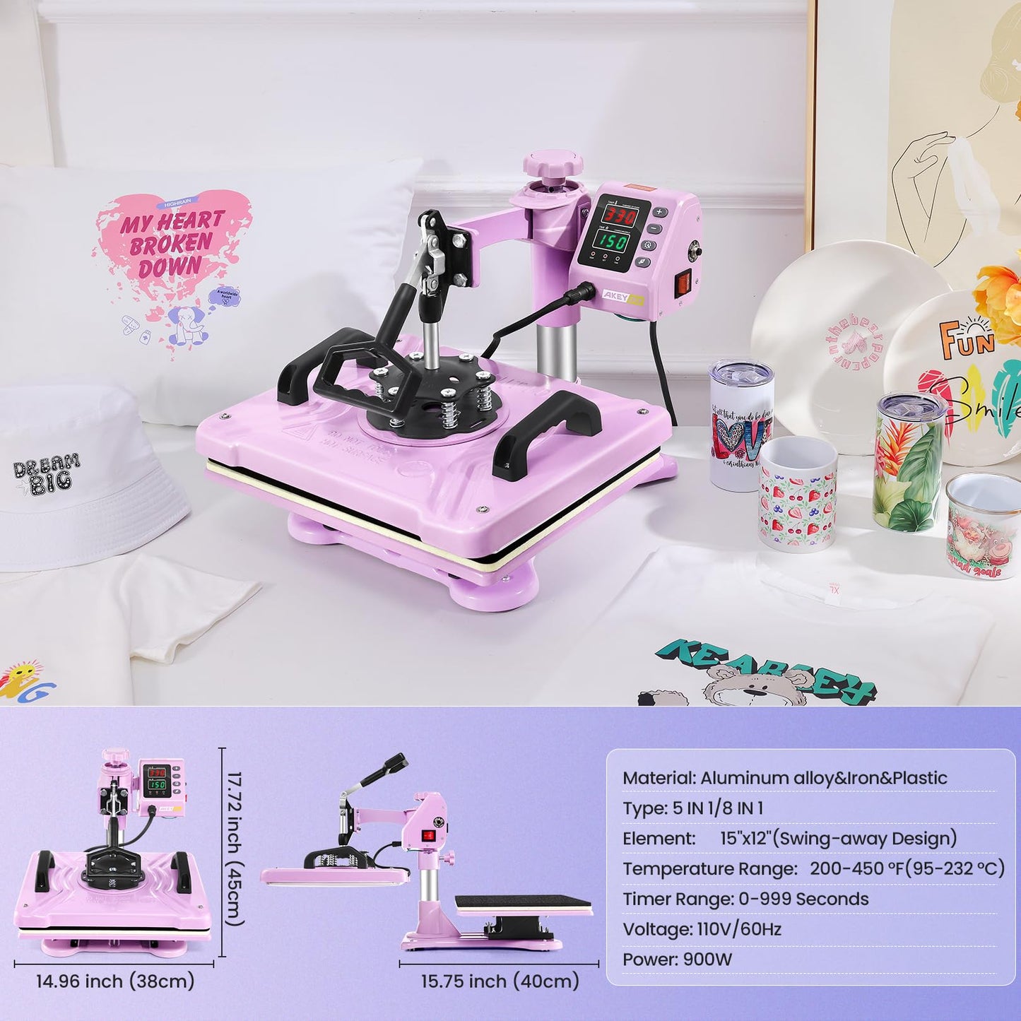Heat Press Machine for Tshirts, 5 in 1 Heat Transfer Machine, 12" X 15" Heat Printing Press for Sublimation Combo with 360 Degree Rotation Swing Away for T-Shirt Hat Cap Mug Plate, Pink Purple