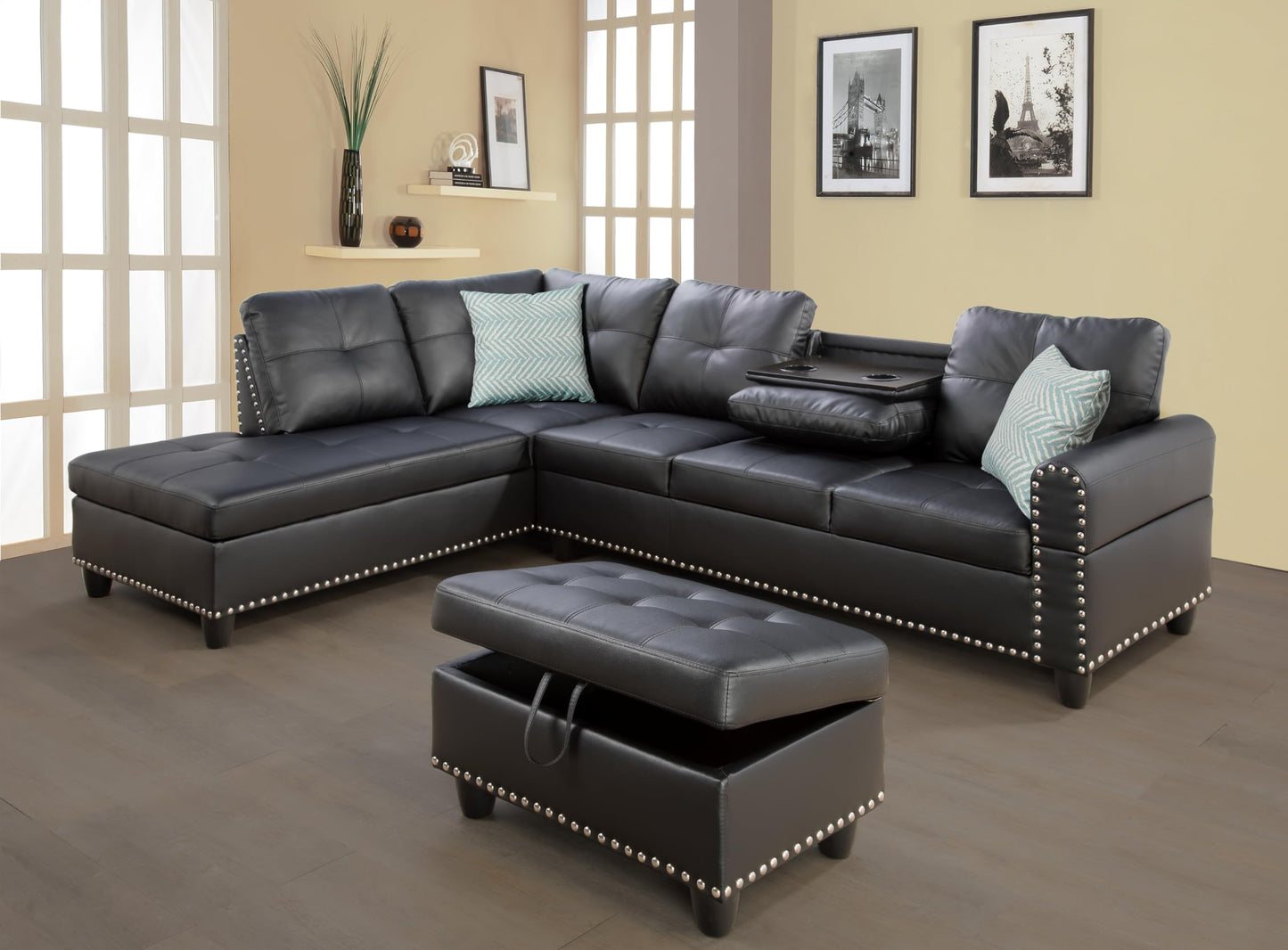 Jintop 92" 3 Piece L-Shape Sleeper Sofa Convertible Sectional Couch with Storage Chaise and Pull-Out Bed for Living Room,W/Side Open Cup Holder,for Dorm,Apartment,Studio,Office,Dark Gray