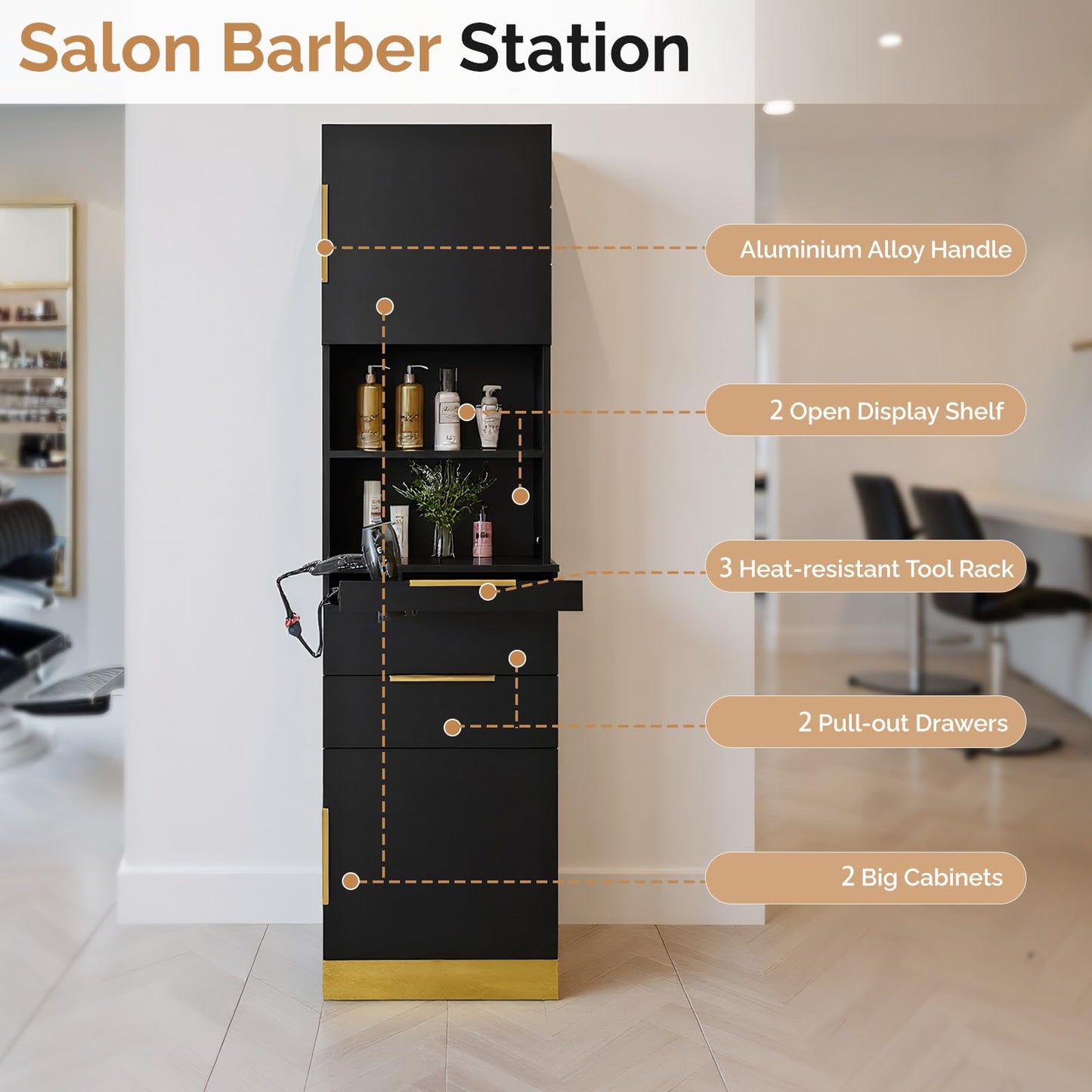 OmySalon Salon Stations for Hair Stylist, Barber Station with Storage Cabinet & Drawers & Hair Dryer Holders, Modern Beauty Salon Spa Equipment for Barbershop, Black Gold