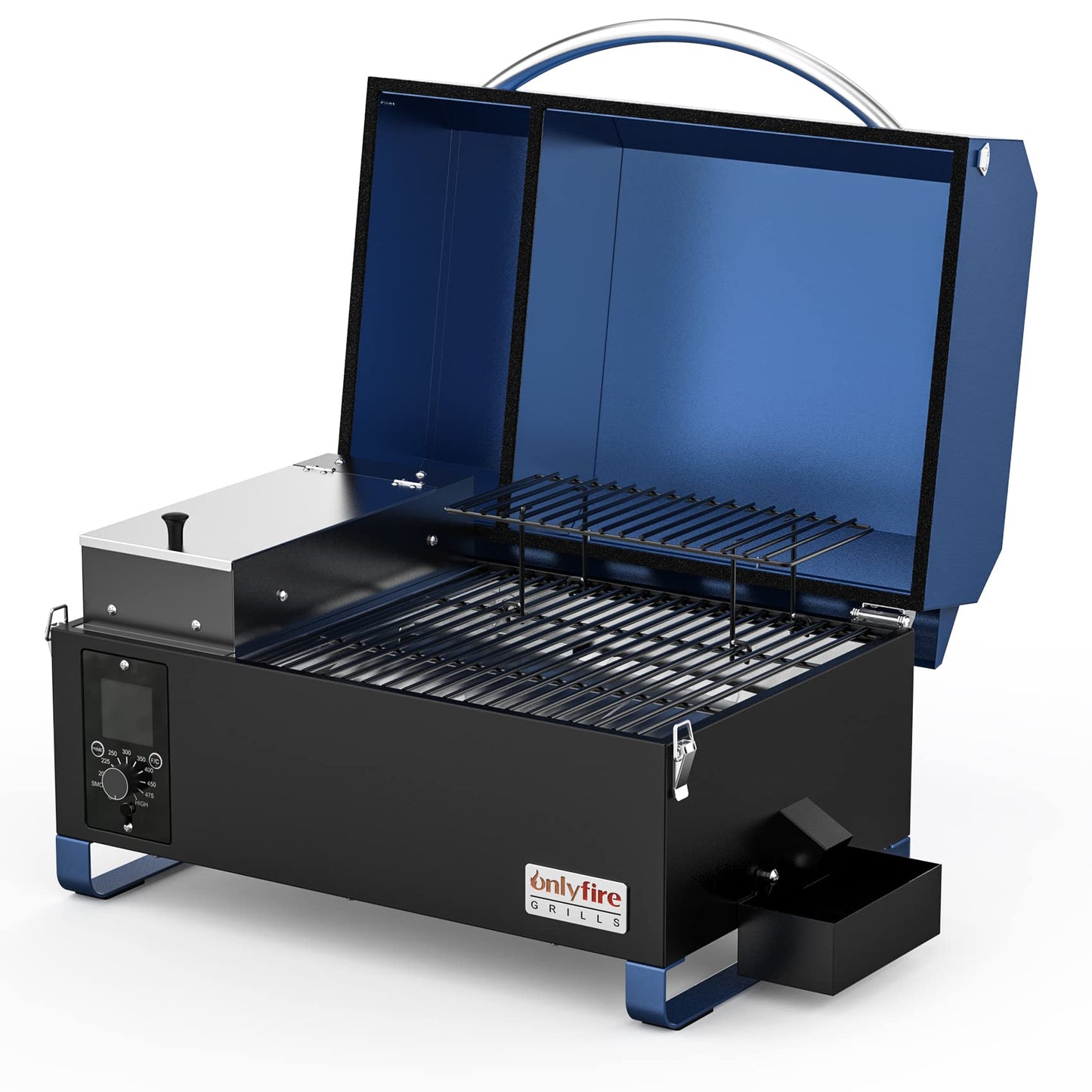 ONLYFIRE GRILLS BBQ Wood Pellet Grill Smoker with Digital Control, Meat Probe & 2 Tiers Cooking Area, Portable Tabletop Grilling Stove for BBQ, Smoke, Bake and Roast, RV Camping, Blue GS313