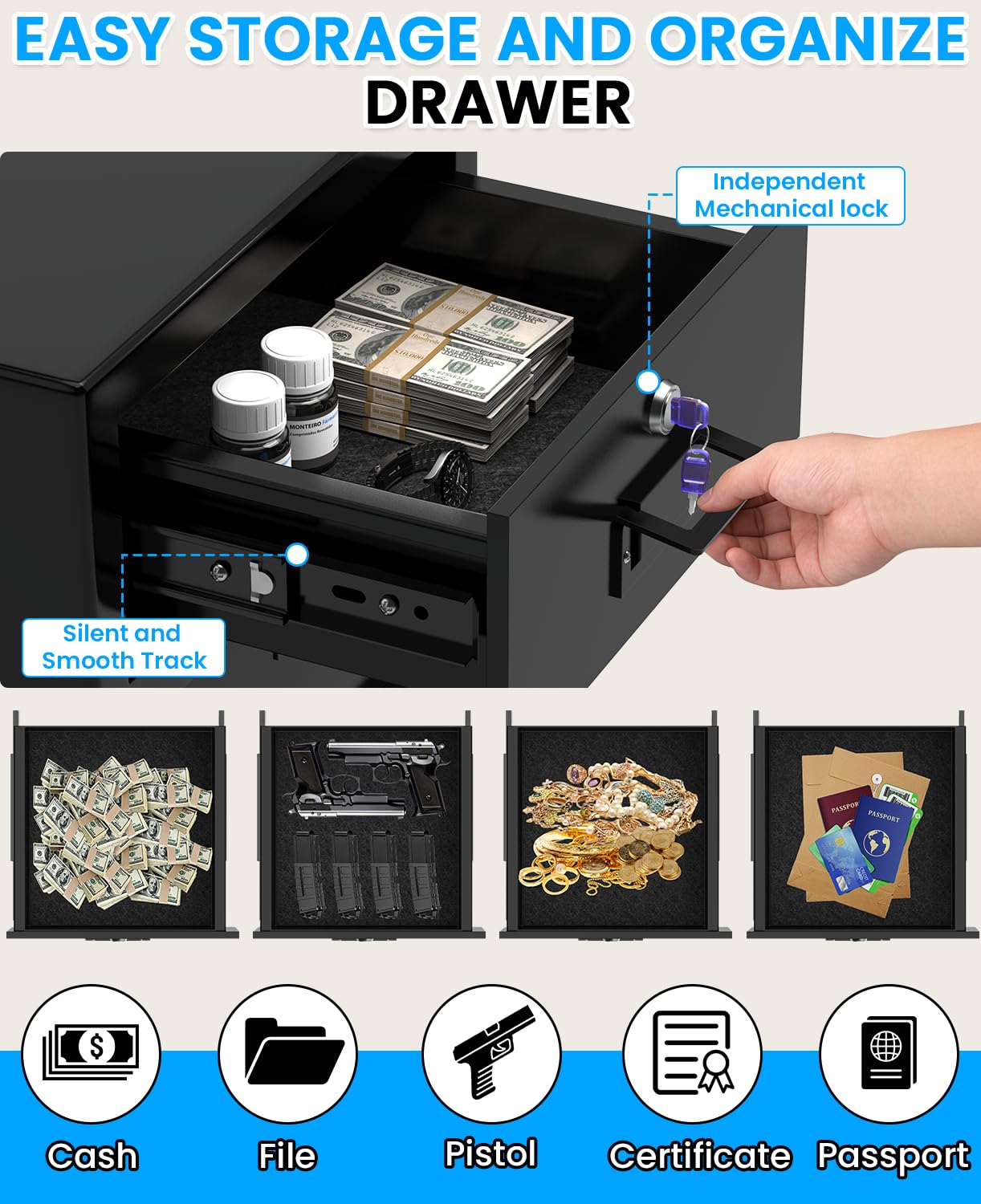 2.8 Cuft Safe Box for Home Documents, Anti-Theft Home Safe with Fireproof Bag, Drawer, Digital Backlit Keypad, Spare Key, Smart Alarm & Mute Function, Safes for Home Office of Money Valuable Jewelry