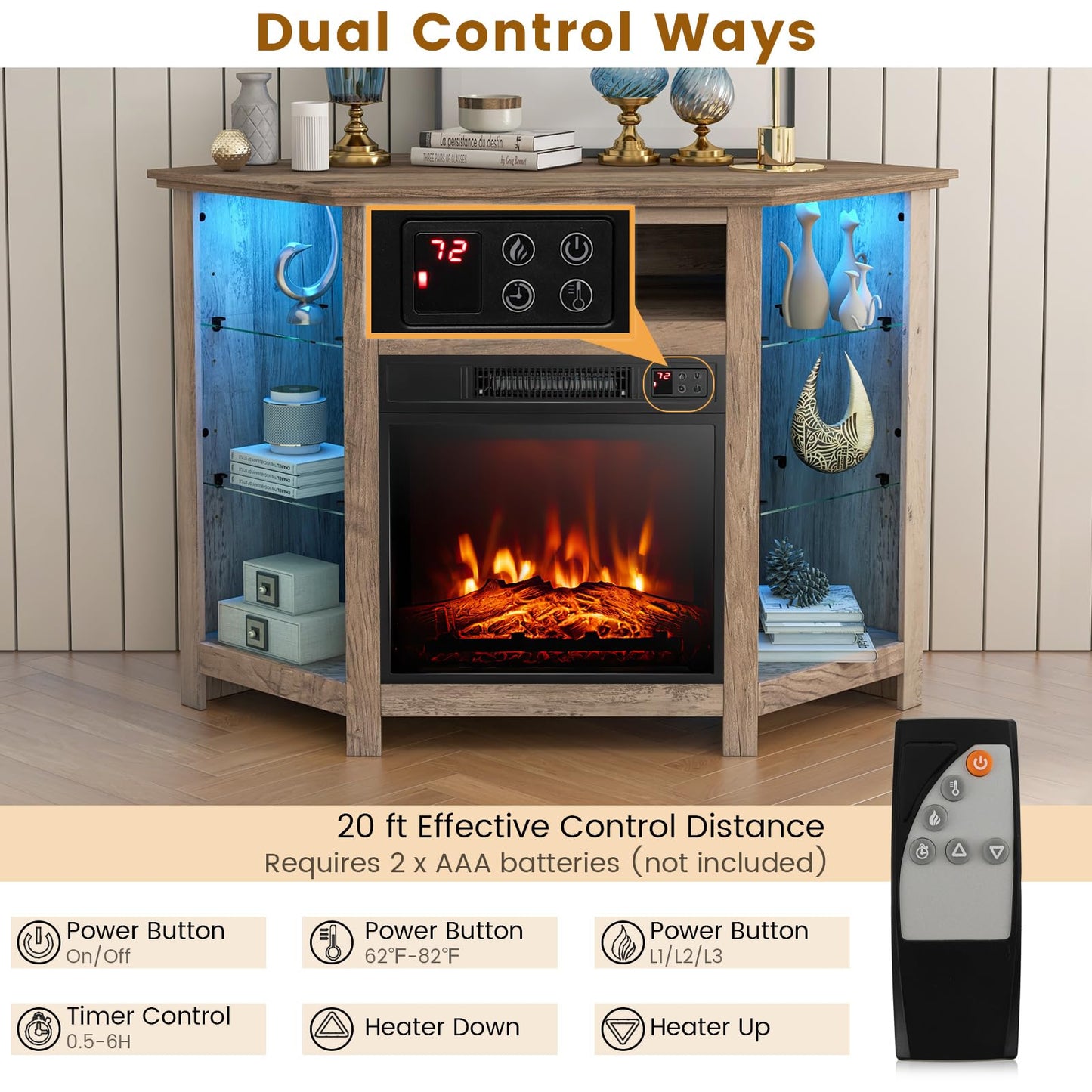 CLEEMAN Fireplace Corner TV Stand, Entertainment Center for 50 Inch TV w/LED Lights Adjustable Shelves Overheat Protection Remote/APP Control, TV Console w/Built-in Electric Fireplace (Grey)