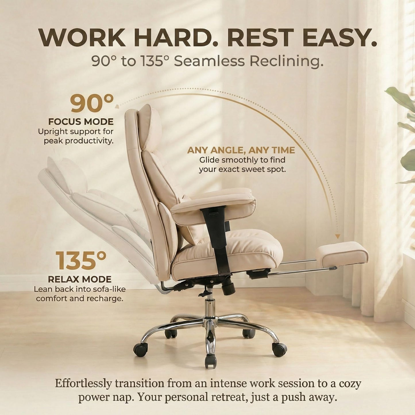 Efomao Big and Tall Office Chair 400lbs - Heavy Duty Reclining Desk Chair with Footrest, Spacious High Back PU Leather Executive Chair, Double-Layer Spring Support, Dark Beige