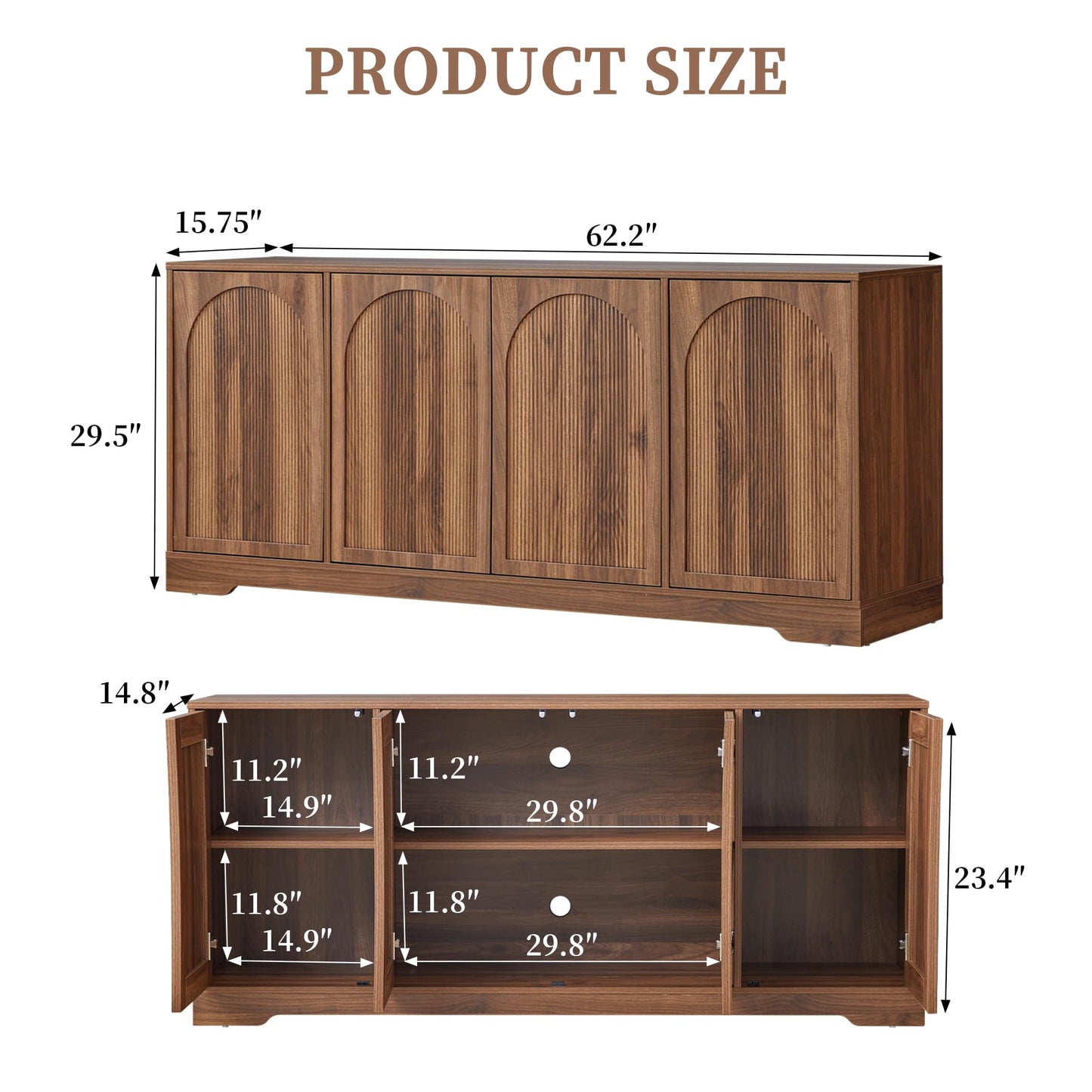 Bifins 62.2 Inch TV Stand for TVs up to 70 Inches, Tall Entertainment Center Cabinet with 4 Fluted & Arched Doors and Cable Management for Living Room Bedroom, Walnut