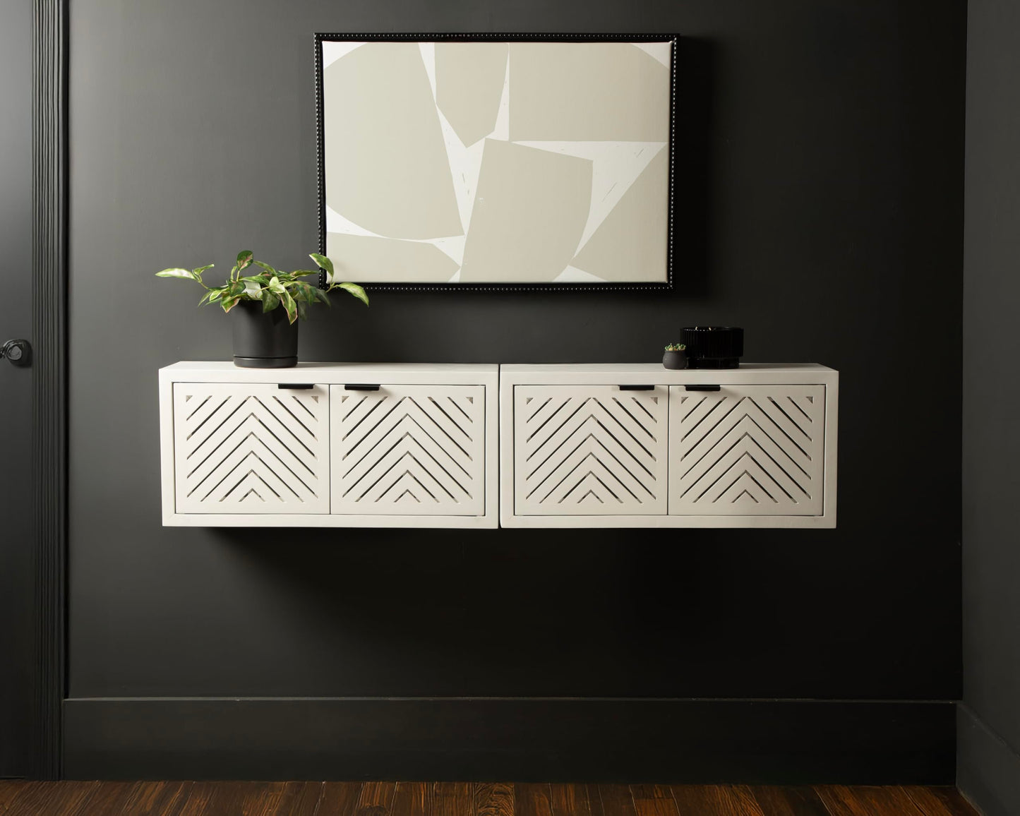 Kate and Laurel Mezzeta Decorative Two-Door Wall Cabinet, 30 x 10 x 14, White, Decorative Modern Storage Cabinet for Use as Floating Nightstand or Floating TV Shelf