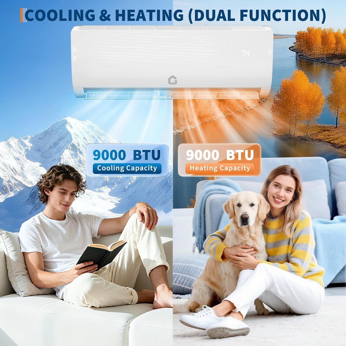 9000 BTU Mini Split AC w/Remote Control19 SEER2 Cools Up to 450 Sq. Ft,230 V Ductless Inverter Mini Split System w/0.75 Ton Heat Pump Pre-Charged & Installation Kit, Ultra-Quiet