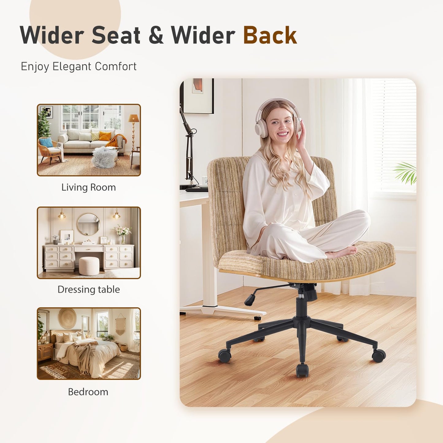 Furnimart Heavy-Duty Curved FSC Wood Desk Chair 360° Swivel, Premium Chenille Criss Cross Chair with Wheels Wide Seat, Comfy Armless Cross Legged Sitting for Bedroom, Office, Vanity (Light Brown)