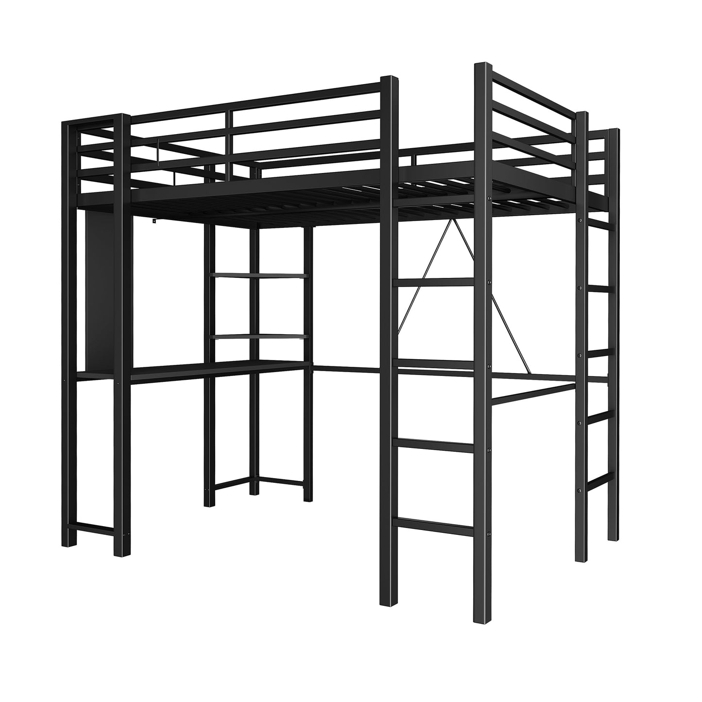 SUNLEI Loft Bed with Desk, Metal Loft Bed Full Size with 2 Built-in Ladders, Space-Saving Bed Frame, with Safety Guard, Noise Free for Small Bedroom, (Full Size) Black