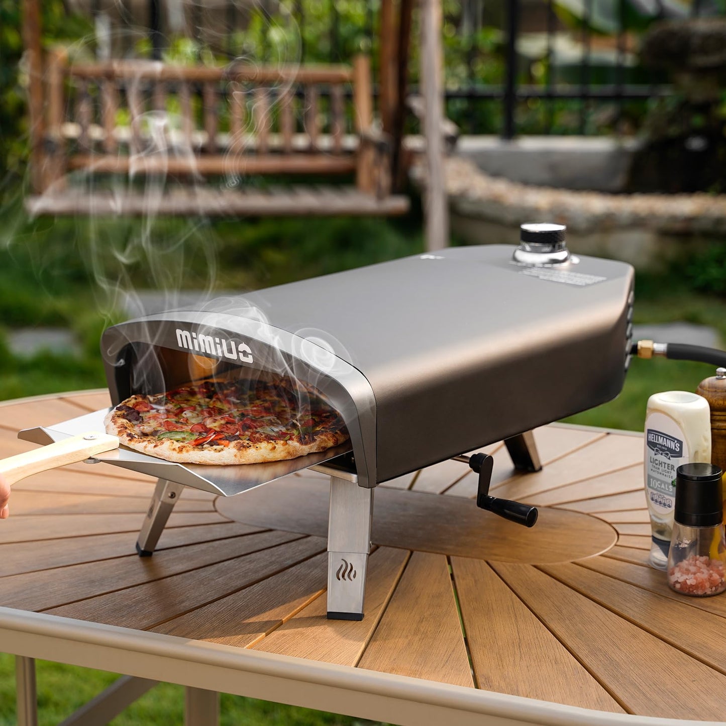 Mimiuo Manual Rotating Pizza Oven Outdoor Gas Propane, Mimiuo Portable 13-Inch Pizza Griller with Rotating Stone, Even Heating No Burning, Includes Oven Cover, Pizza Peel, Cordierite Stone