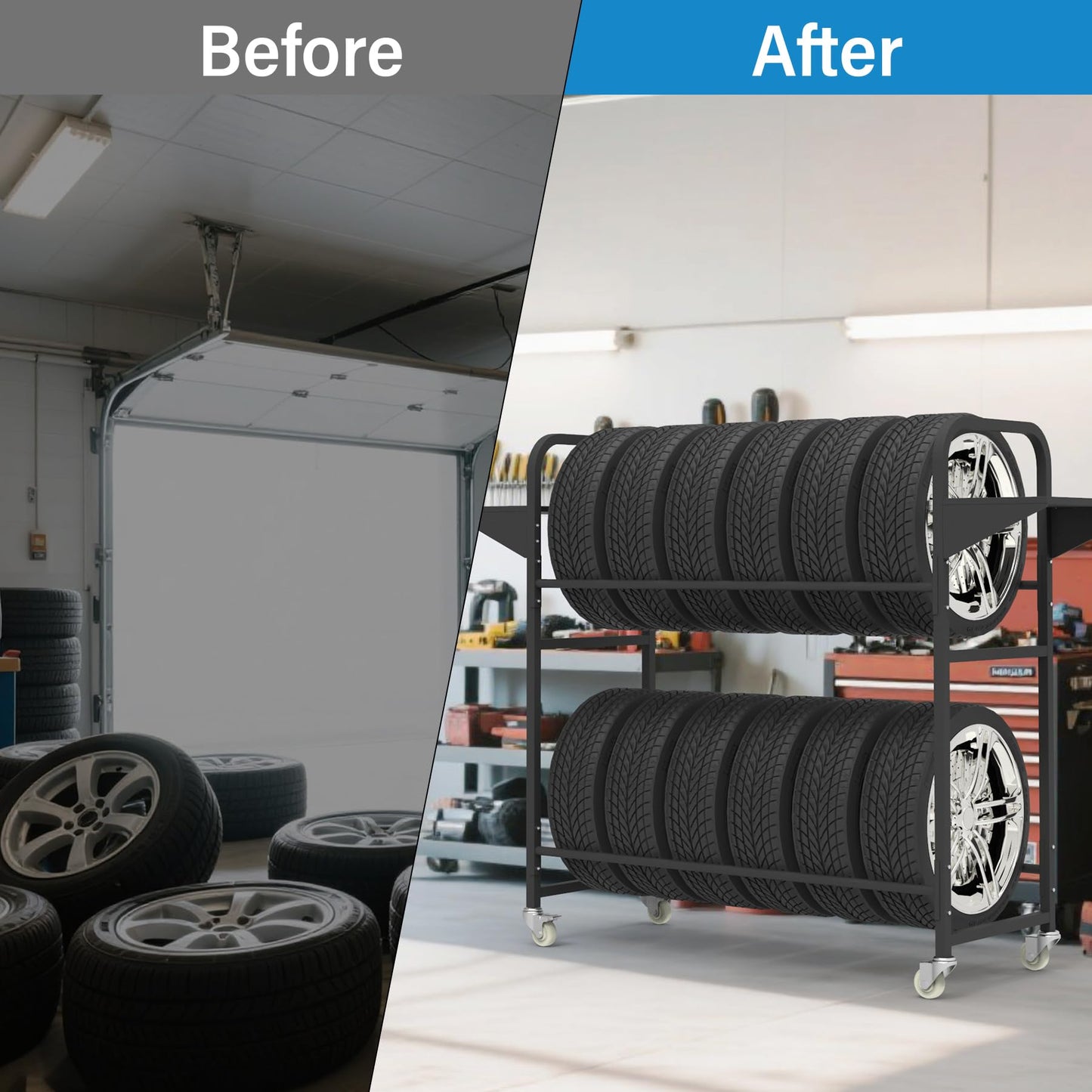 Neorexon Tire Storage Rack 57" x 55.1" x 20" w/Anti-dust Cover, Adjustable Rolling Tire Rack for Garage Black w/4 Swivel Casters & 2 Storage Shelf for Garage Storage