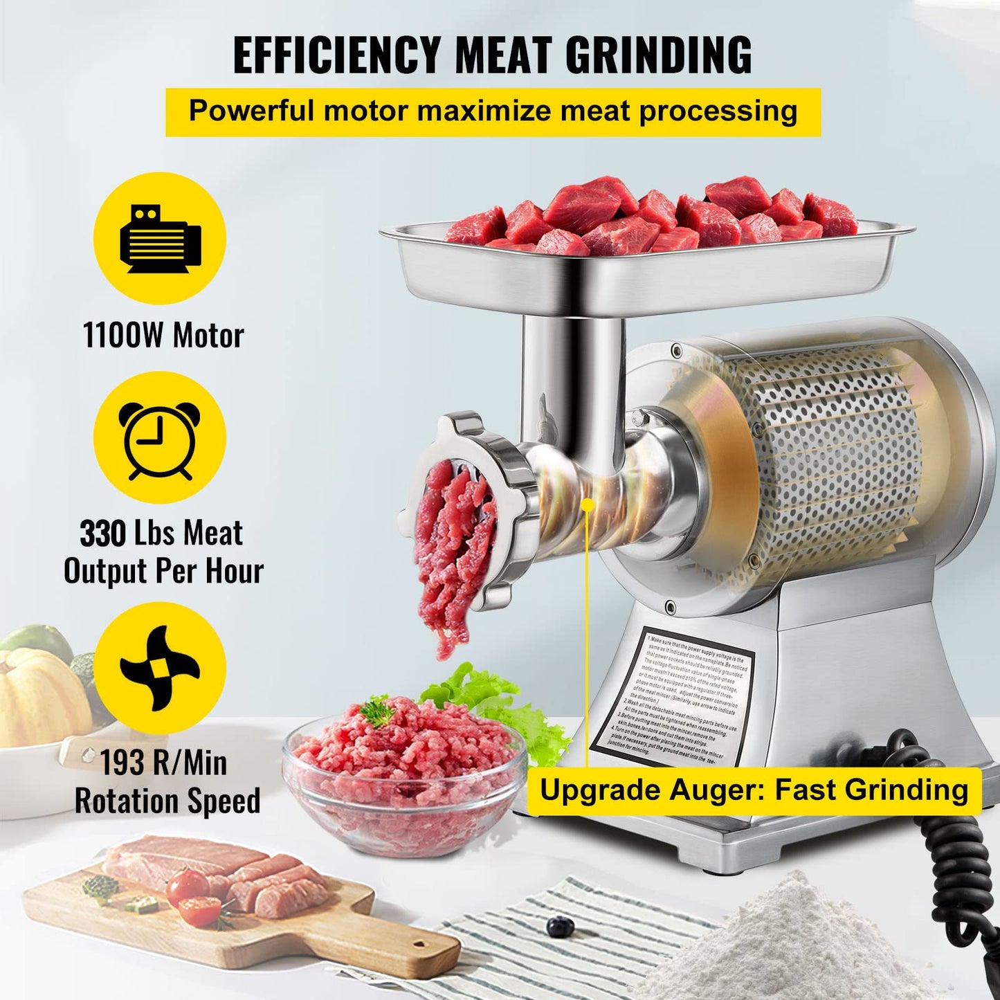 VEVOR Commercial Meat Grinder, 550LB/h 1100W Electric Meat Mincer, ETL Approved Heavy Duty Industrial Meat Mincer Machine