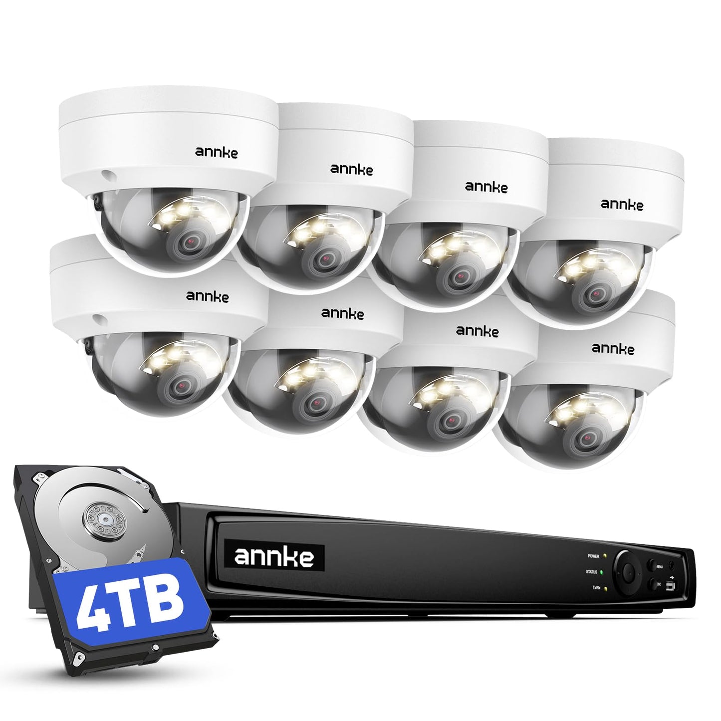 ANNKE 4K 16CH PoE Camera System, H.265+ 12MP NVR, 8X 8MP Wired Dome Security IP Outdoor Cams, AI Motion Detection, Built-in Mic, 4TB HDD, Spotlight Color Night Vision, Compatible with Alexa, Not PTZ