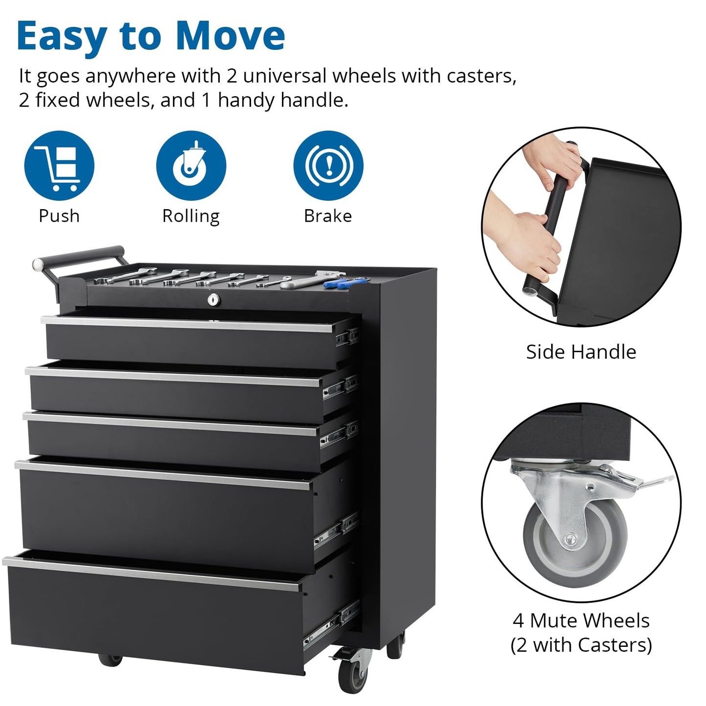 5-Drawers Rolling Tool Chest, Tool Storage Cabinet Organizer with Wheels and Lock System, Portable Toolbox Cart for Garage, Warehouse, Workshop & Repair Shop