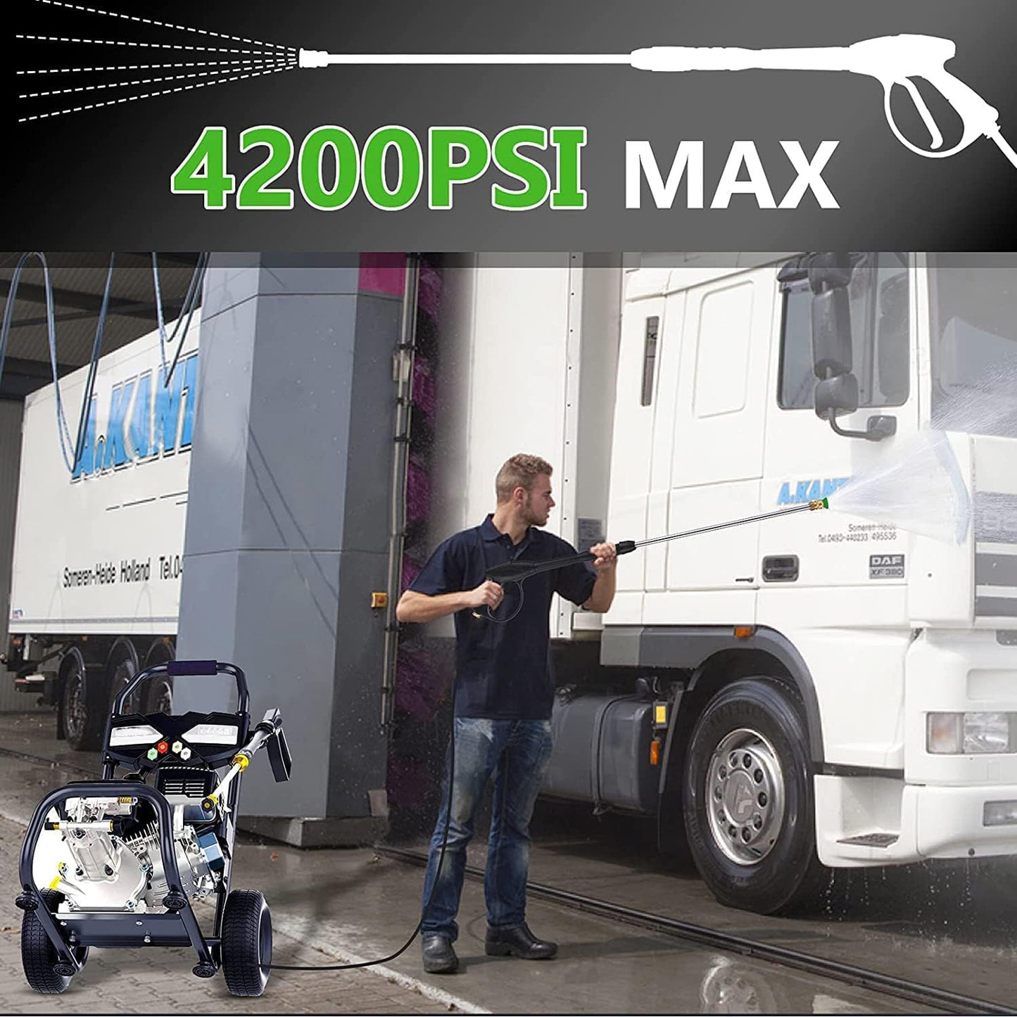 4200PSI Gas Pressure Washer, 2.8GPM Commercial Power Washer Gas Powered, 212cc 7.0 HP Engine,Includes 0.7L Soap Tank,5 QC Nozzles,25’ Hose,Car Wash Machine/Car/Driveway, EPA/CARB/ETLCompliant (Black)