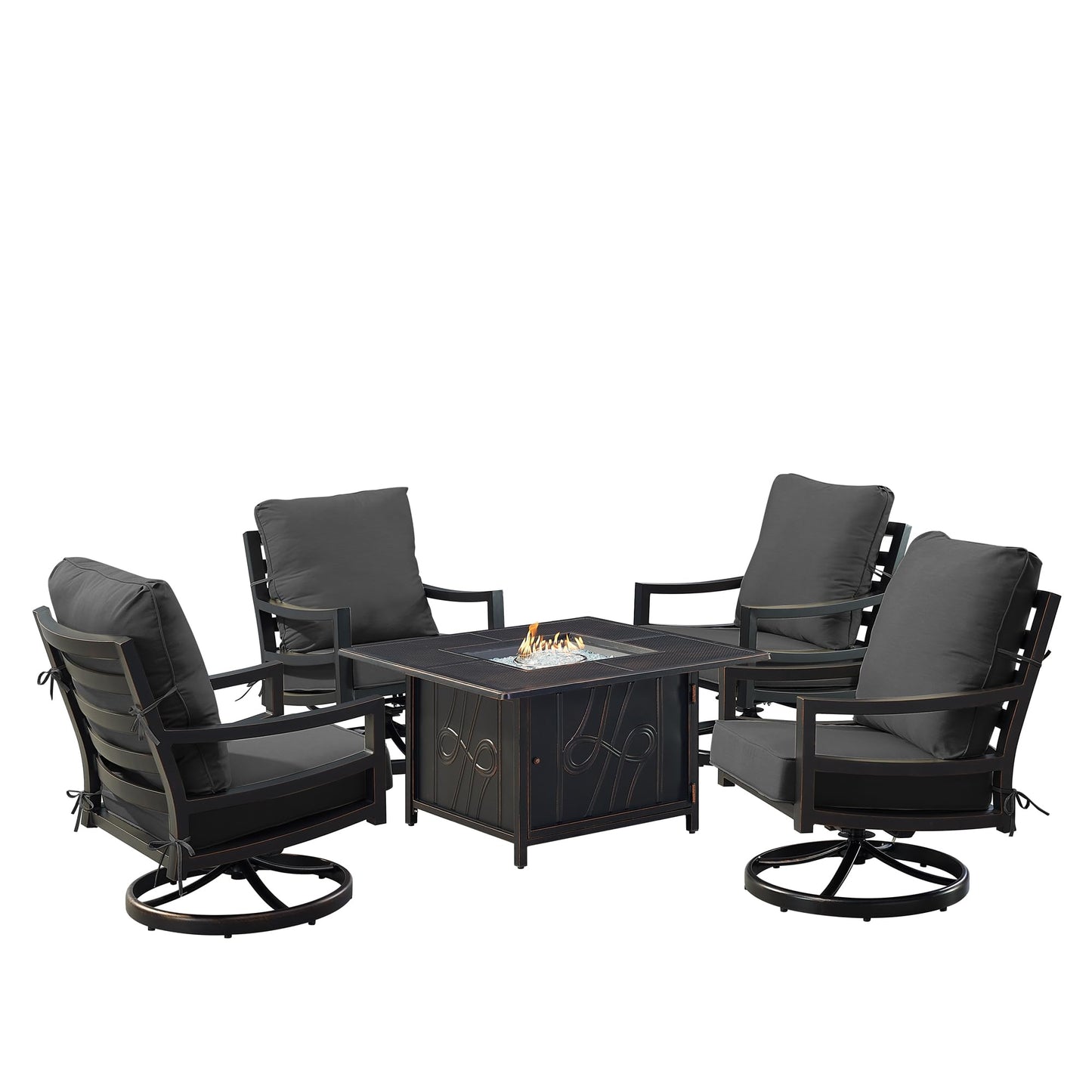 Oakland Living Black Aluminum Patio Fire Table Set with Four Club Chairs with Black Cushions
