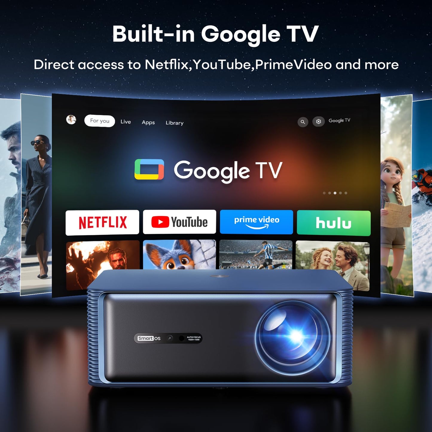Boldever 3000 ANSI Google TV Smart Projector - 4K Projector with WiFi and Bluetooth, 20W HiFi Speakers Outdoor Movie Proyector, Auto Focus & Keystone Projector for Home Theater Indoor