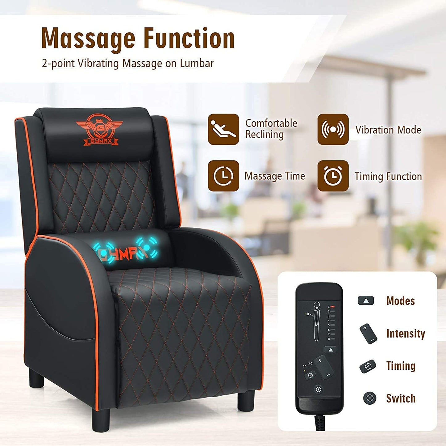 CHEFJOY Massage Gaming Recliner Chair, PU Ergonomic Single Sofa w/Headrest, Lumbar Support, Racing Style Reclining Home Theater Seating for Living Bedroom Gaming Room (Orange)