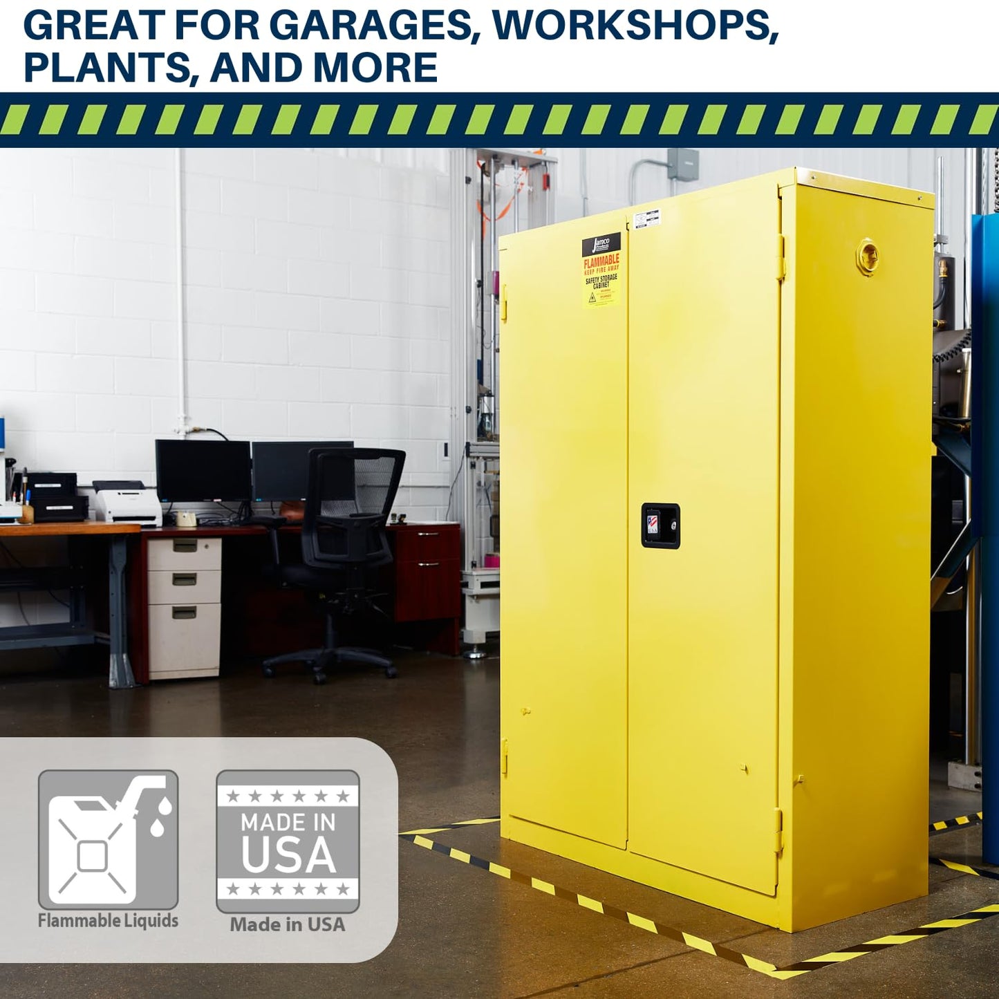 Jamco 44 Gallon Flammable Safety Cabinet, Steel Flammable Storage Cabinet with Lockable Self-Closing Doors, Non Forkliftable, 34" x 18" x 65", Yellow