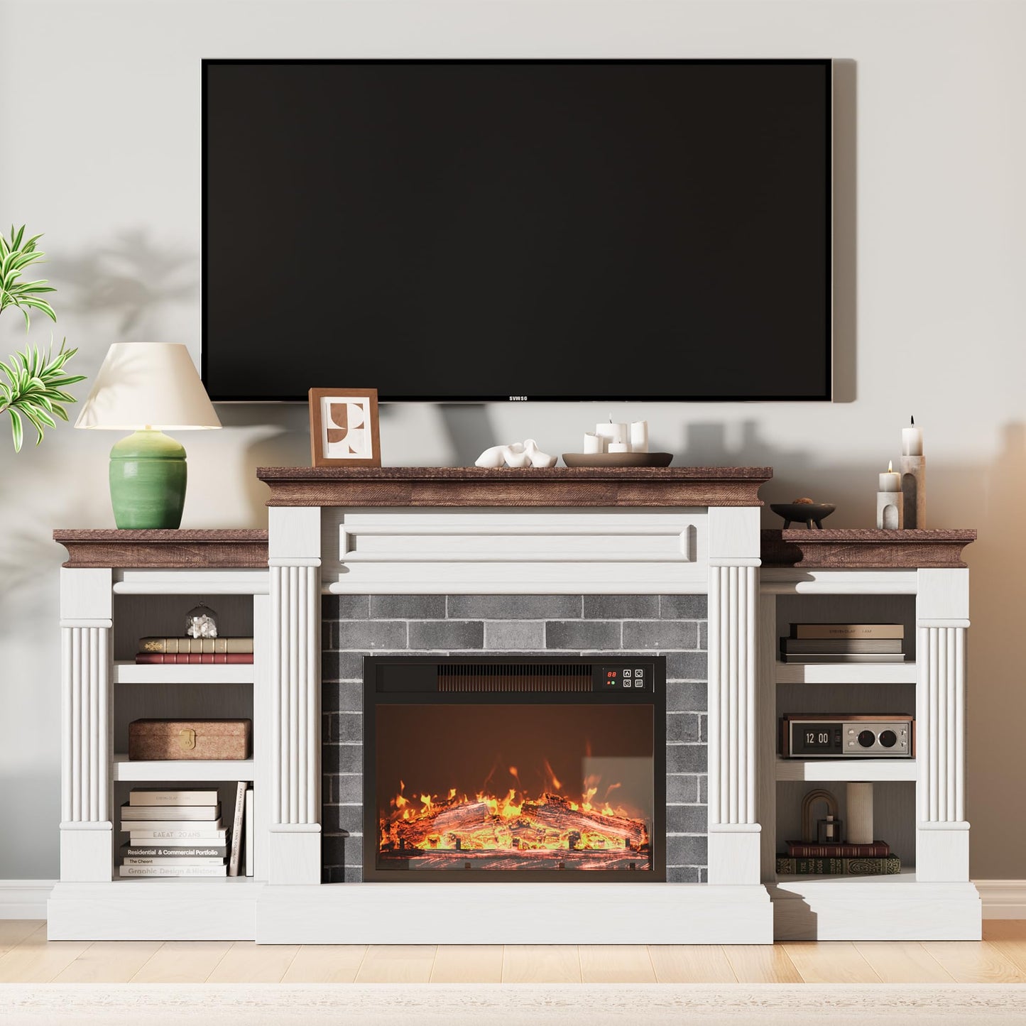 GarveeHome 71'' Fireplace TV Stand with 23'' Electric Fireplace, Mid Century TV Console, Entertainment Center with Storage for Living Room, Bedroom