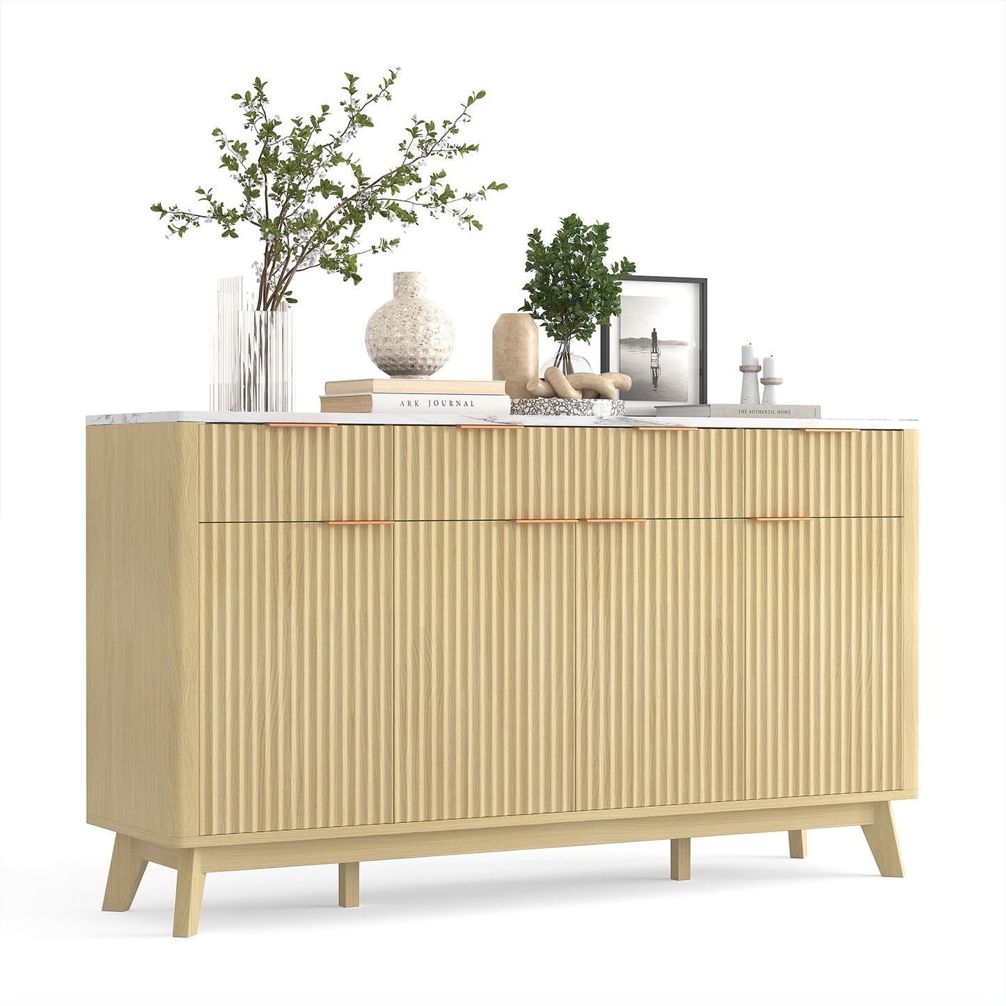 Garvee 60" Large Fluted Buffet Sideboard Cabinet with Drawers, Modern Farmhouse Buffet Storage Cabinet with Adjustable Shelves and Doors, Wood Coffee Bar Station Kitchen Console Table for Dining Room