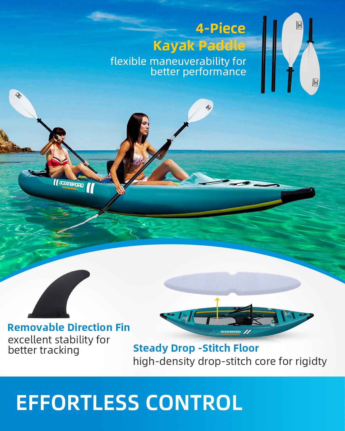 OCEANBROAD V1-320 Inflatable Sit-in Kayak(NO HIN) for Adults with Paddle, Kayak Seat, Pedal, Hand Pump and Bag, 3.2m/10ft 1-Person Kayak, Blue
