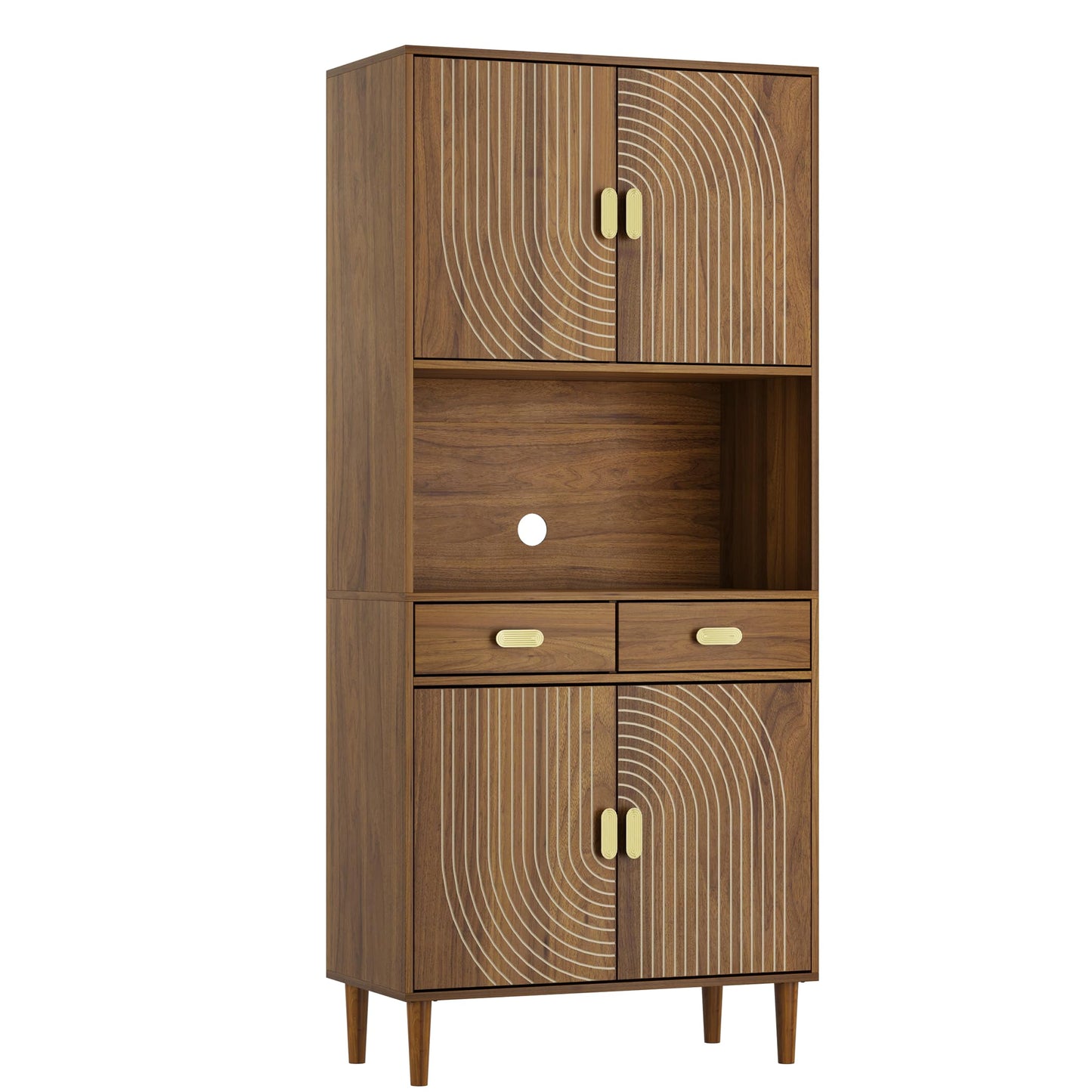 Smart FENDEE 70.87" Tall Kitchen Pantry Cabinet with Line Grooved Doors, Storage Cupboard with 2 Drawers, Adjustable Shelves & Gold Handles for Dining Room, Bathroom, Walnut