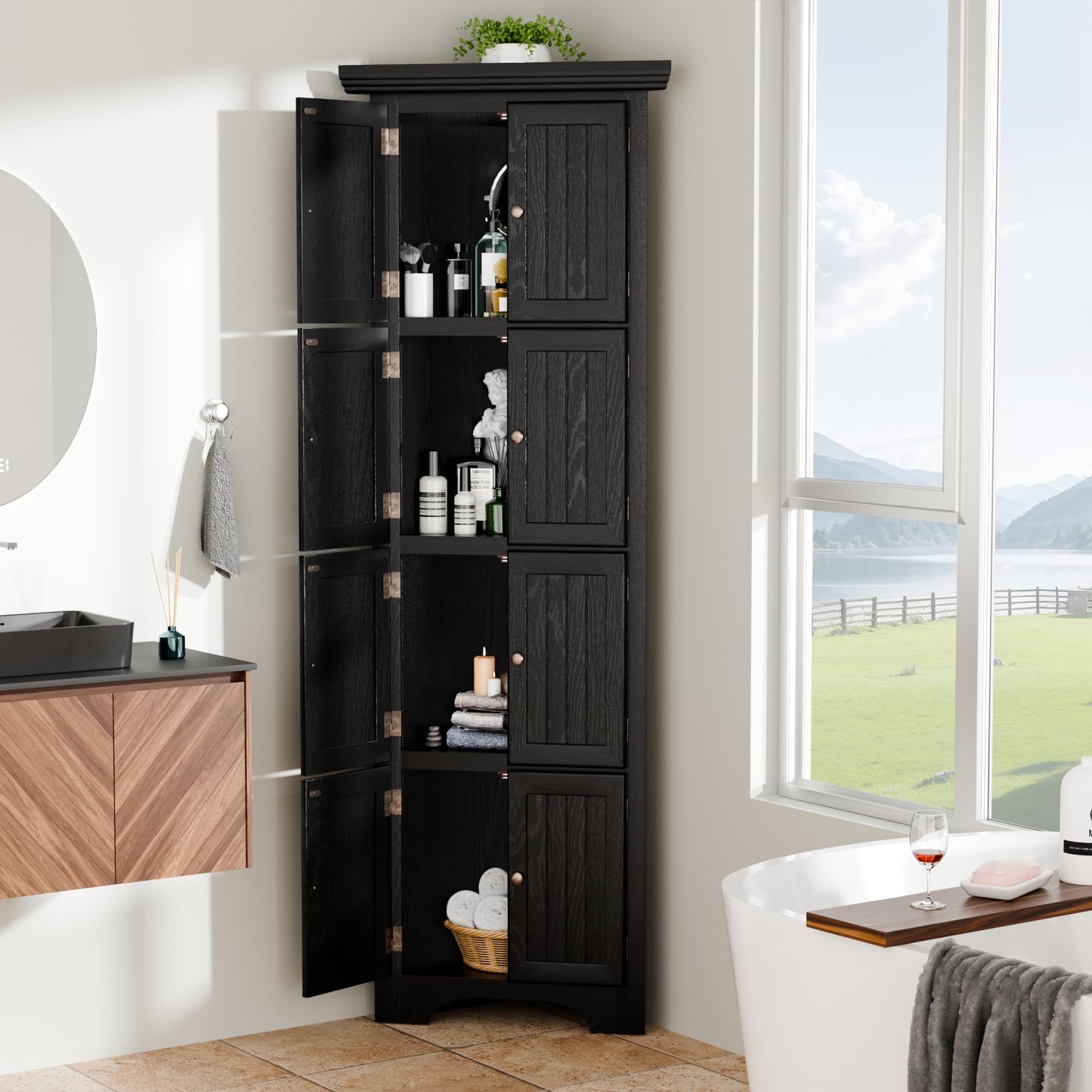 Trygoal 4 Tier Farmhouse Corner Storage Cabinet, 72" H Kitchen Pantry Cabinet with 8 Doors & 4 Shelves, Corner Storage Rack for Living Room, Kitchen, Office, Black