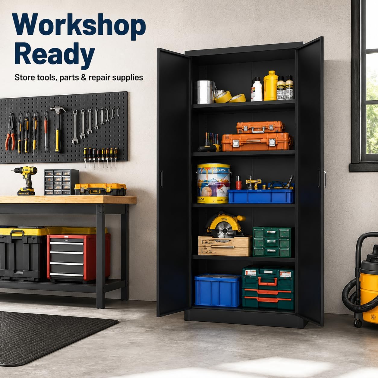 GarveeHome 71in Heavy-Duty Locking Steel Storage Cabinet, Double Doors, Four Adjustable Shelves, for Garage Pantry Office Workshop, Black