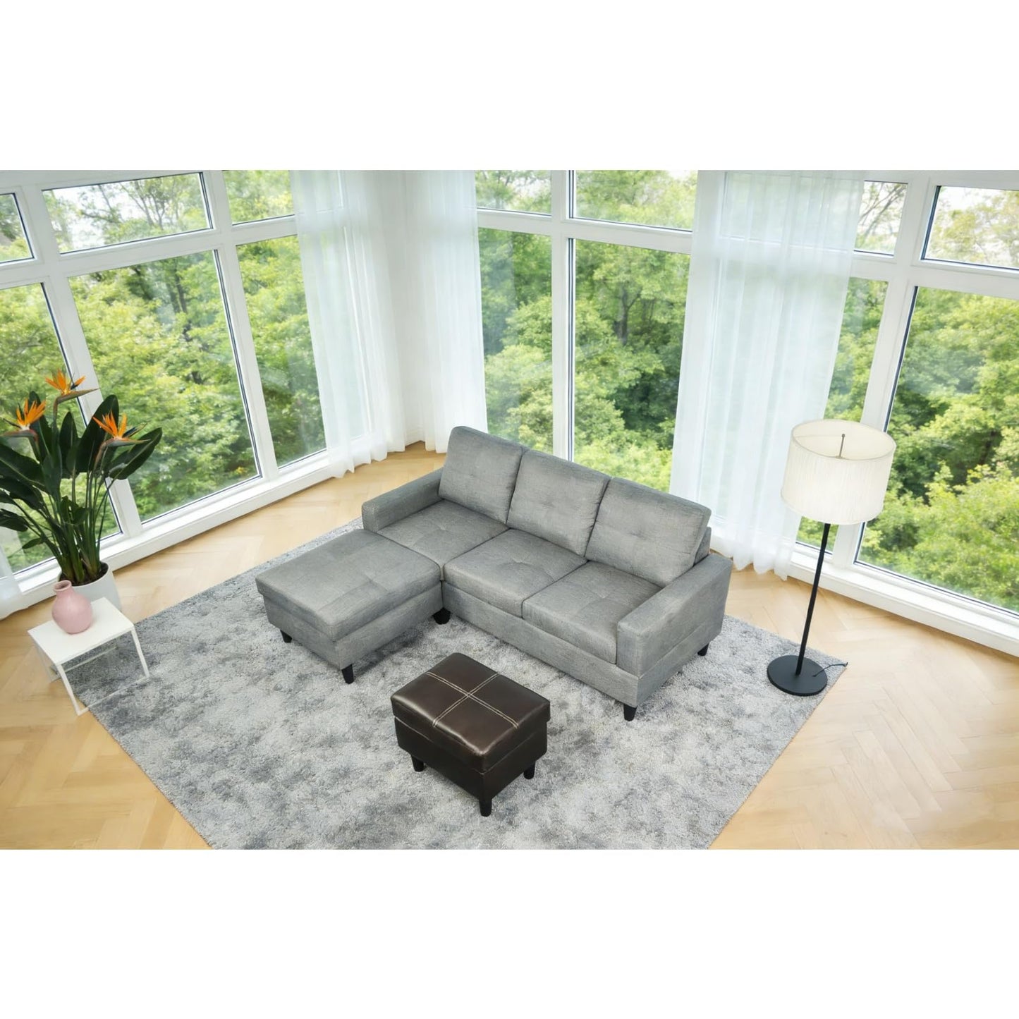 Trygoal 75 inch L-Shape Sofa with Storage Ottoman, Leather Sectional Couch with Right Chaise, Modern 3-Piece Sofa Set, Upholstered Couch Set with Solid Wood Frame for Apartment, Loft, Grey