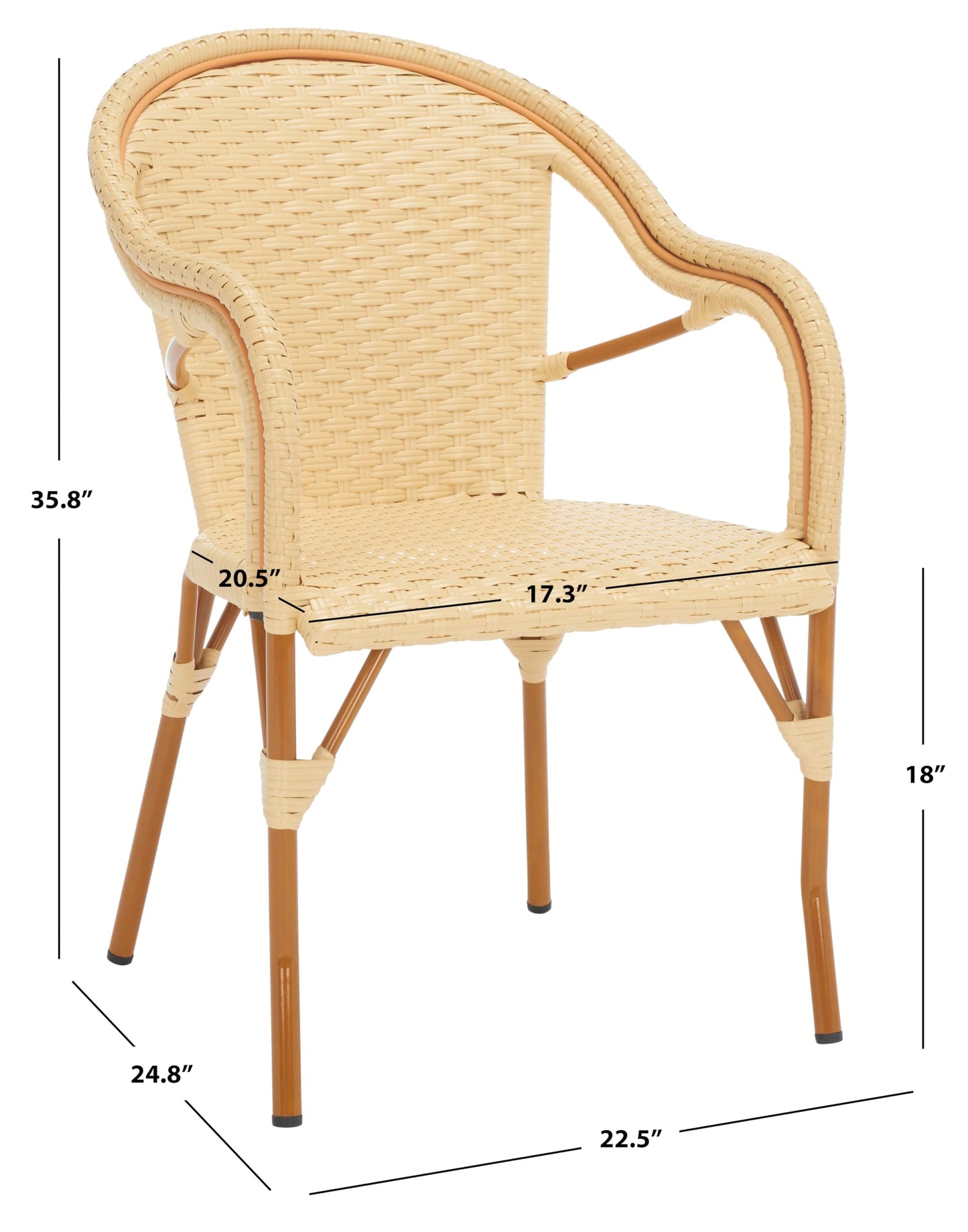 SAFAVIEH Outdoor - California Armchair Set of 2 - Natural - Faux Wicker & Aluminum Frame - Woven Bistro Design with Arms - Ideal for Patio, Sunroom, Dining Area, 17.3" Seat Height (PAT7531A-SET2)