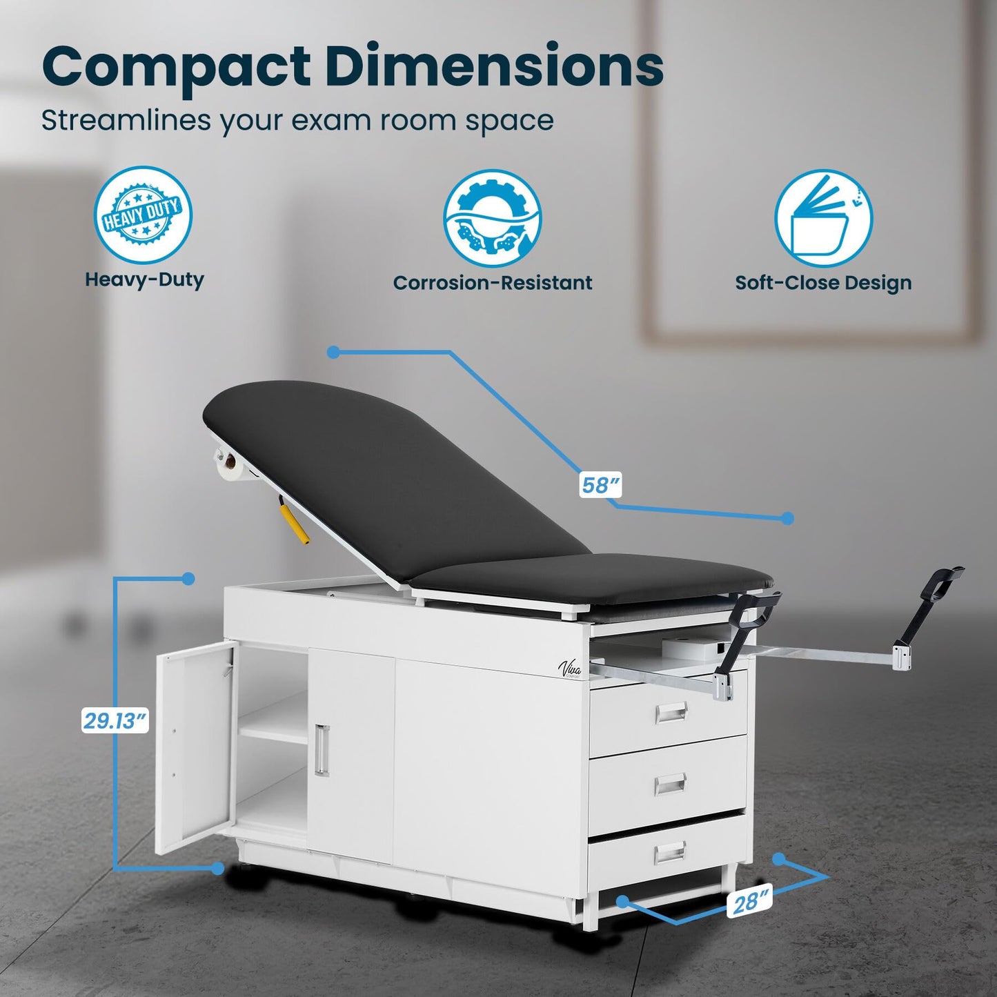 Vivacomfort Grande Medical Exam Table, Adjustable Exam Bed with Step Stool, Storage Cabinets, Foot Rest and Stirrups,47.64” L x 26.77” W x 29.13” H, Black