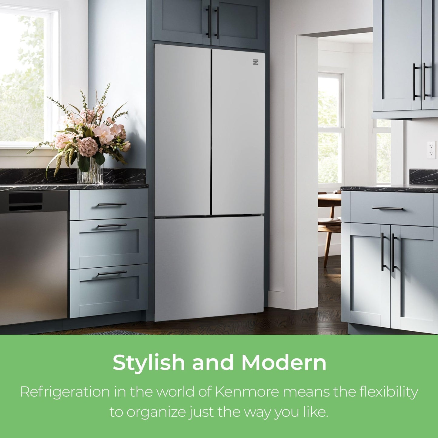 Kenmore 30 Inch Counter-Depth French Door Refrigerator/Freezer with Fingerprint-Resistant Stainless Steel, Adjustable Glass Shelves, Quiet and Energy Efficient Inverter Compressor, 17.5 cu. ft.