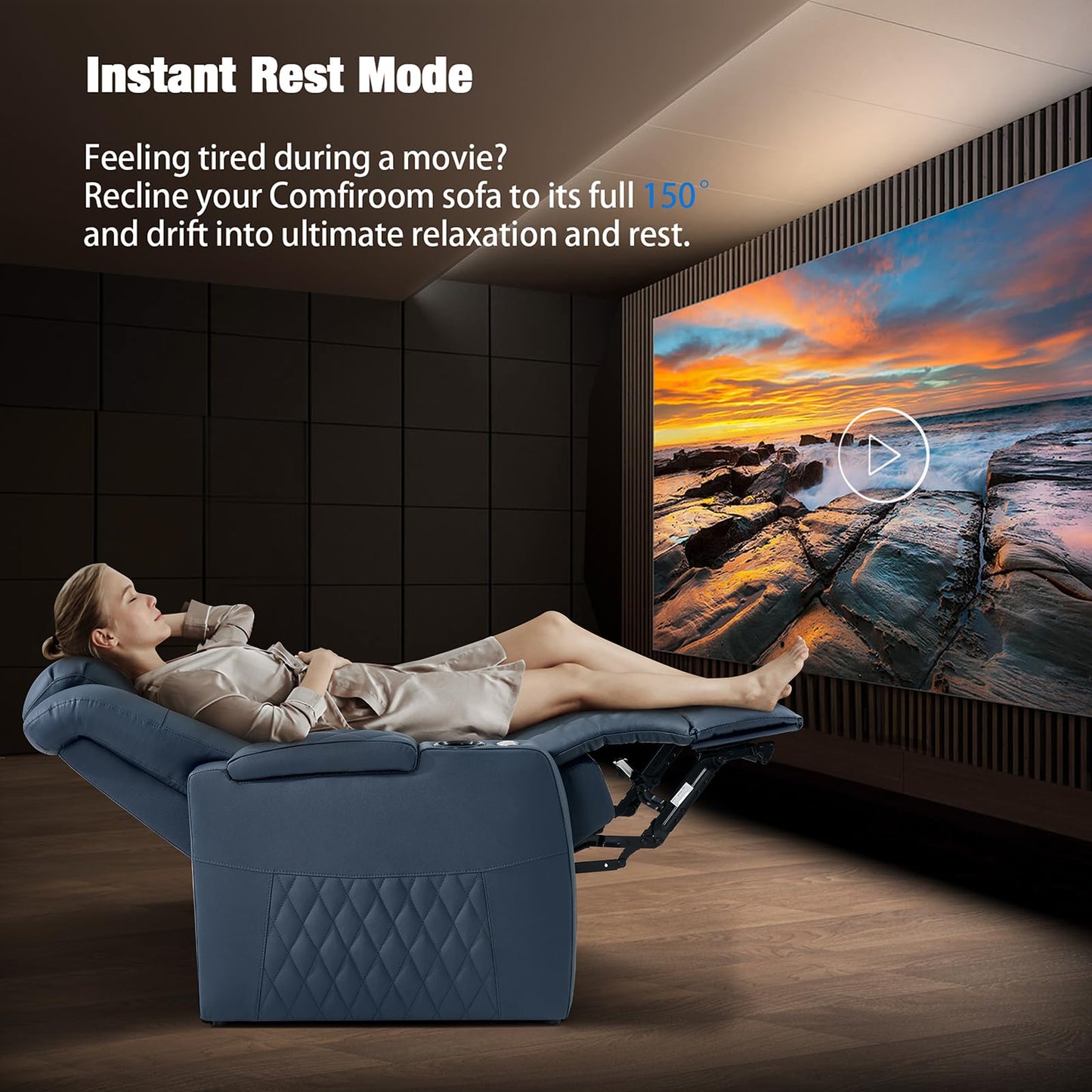 comfiroom Leather Home Theater Seating, Classic Series Dual Power Electric Headrest Game Seats Movie Theater Chairs Recliner Sofa with Type-C USB Charger (Blue, Row of 3)