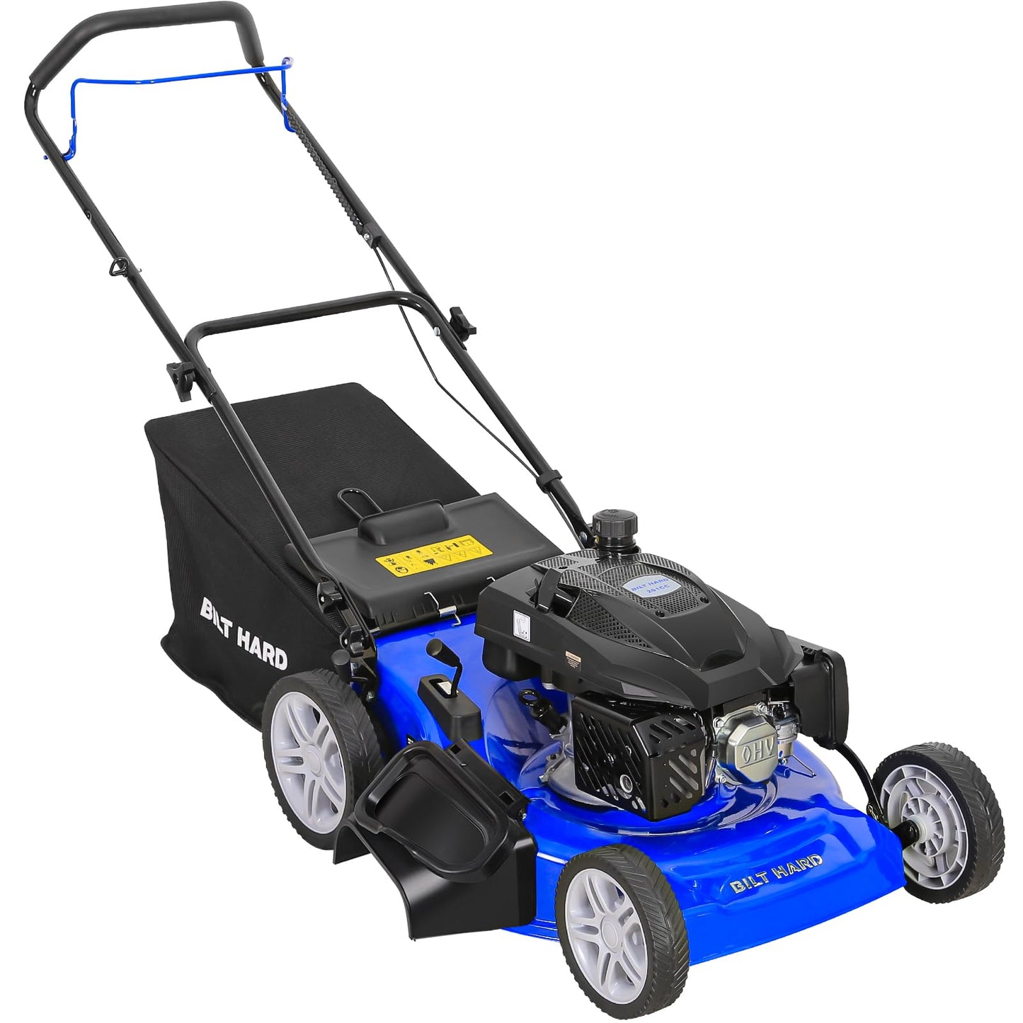 BILT HARD 21 Inch 201cc 4-Cycle Engine Push Lawn Mower, 3-in-1 Gas Lawn Mower with Bagging, Mulching and Side Discharge, Easy Start with Adjustable 8-Positions Cutting Height for Lawn, Yard, Garden