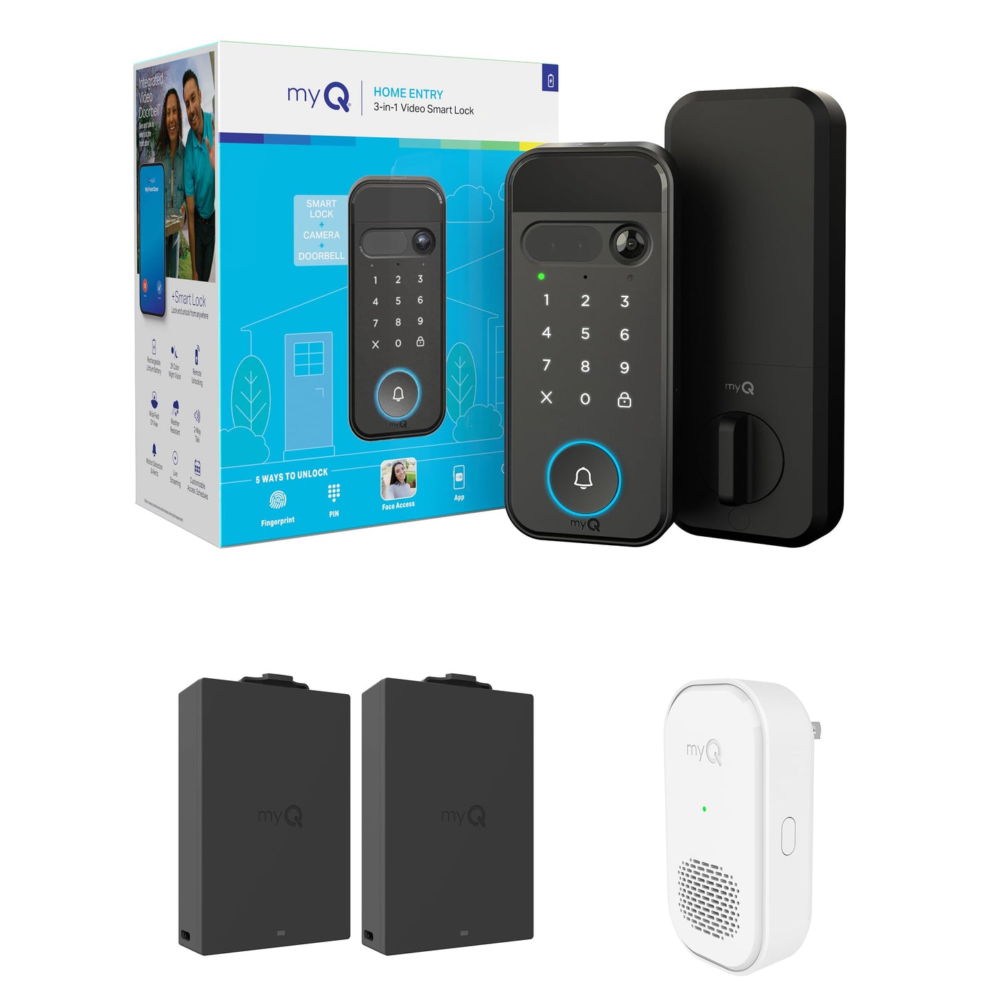 myQ Secure View™ 3-in-1 Smart Lock Deadbolt + myQ Chime + Extra Battery, Keyless Entry Lock, 2K HDR Doorbell Camera, Face, Fingerprint & PIN Access, App Control, Color Night Vision & Two-Way Audio