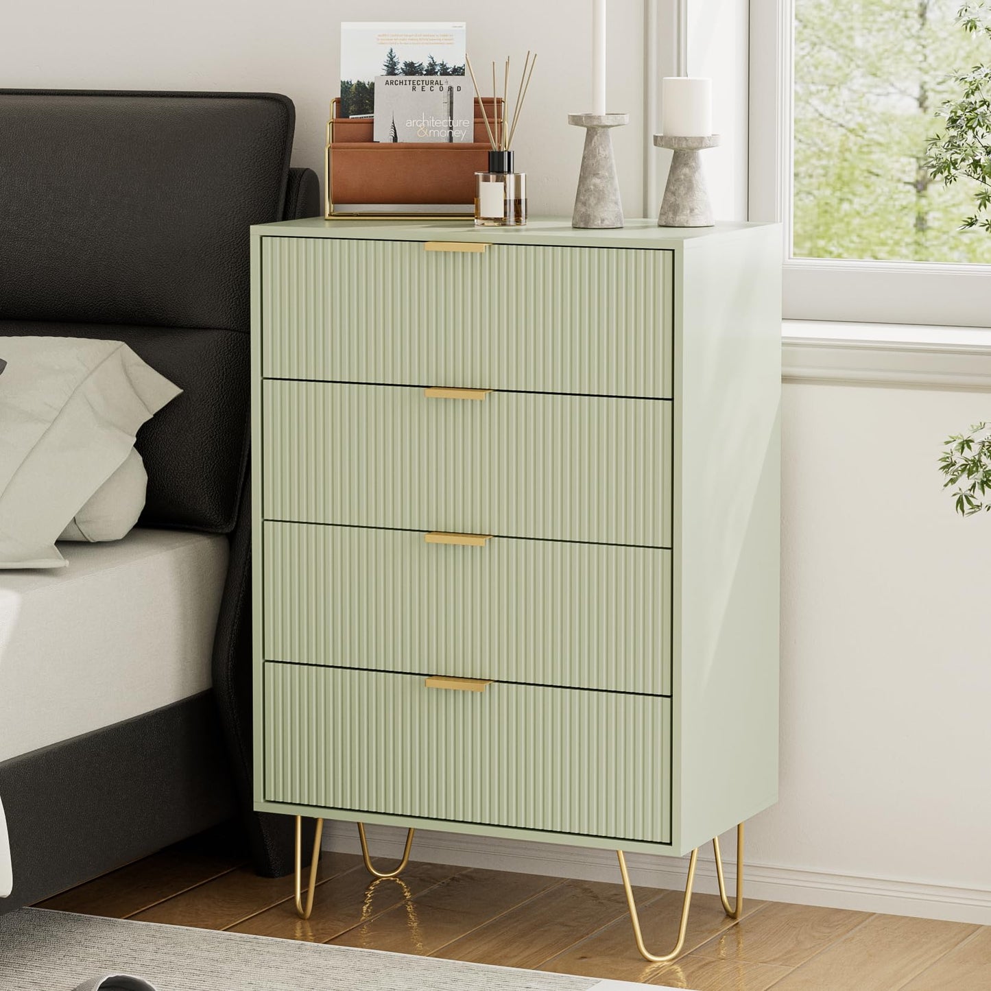 Masupu 4 Drawer Dresser, Drawer Chest, Tall Storage Dresser Chest Cabinet Organizer Unit with Gold Metal Legs, Nightstand for Bedroom, Living Room, Closet, Hallway Green Stripe