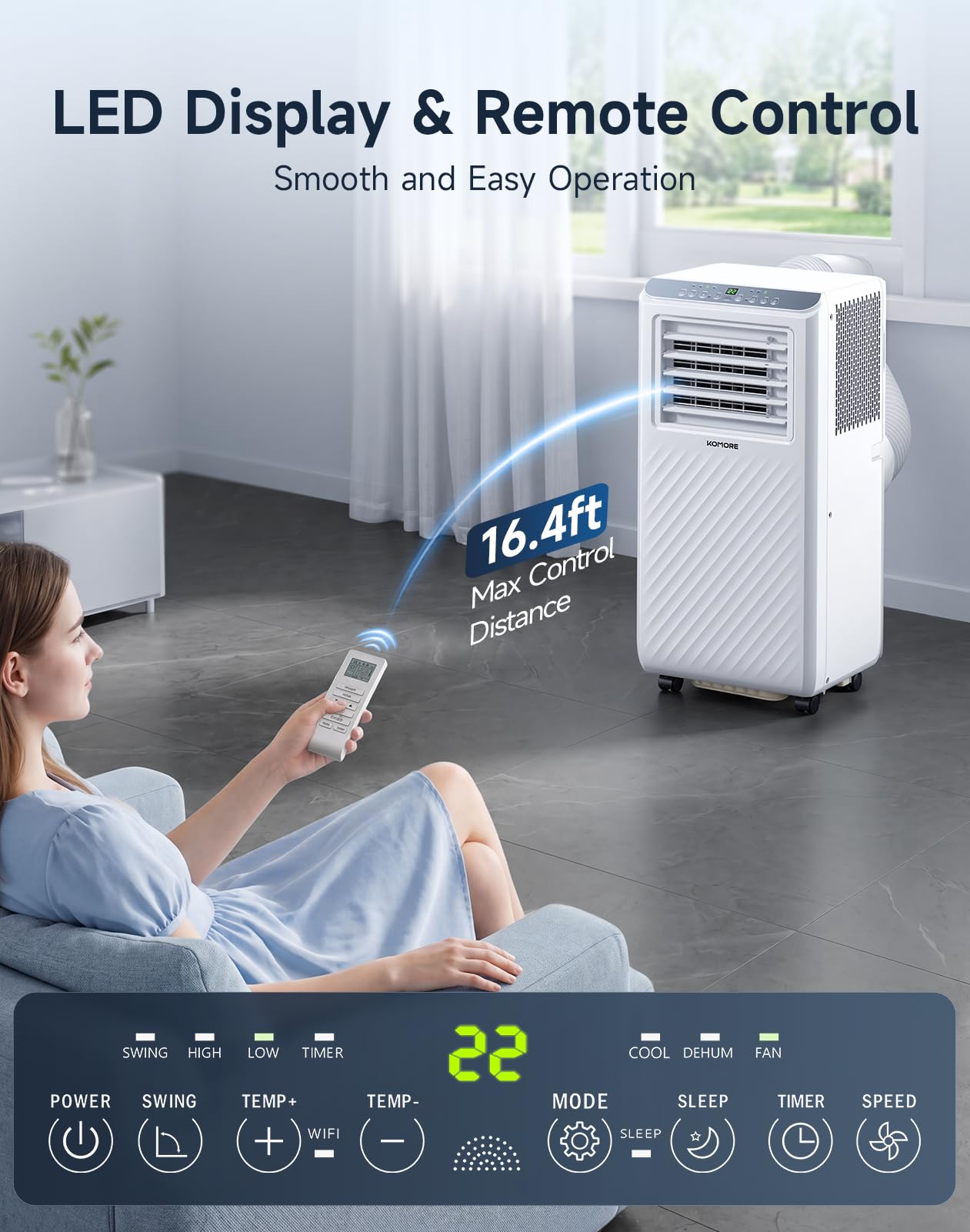 KOMORE Portable Air Conditioner,10000 BTU up to 450 Sq.Ft 4-in-1 Smart Quiet WiFi Floor Standing AC Unit for Bedroom Office room,Cooling,Dehumidifier,Fan,Sleep Mode,24H Timer,Remote Control (White)
