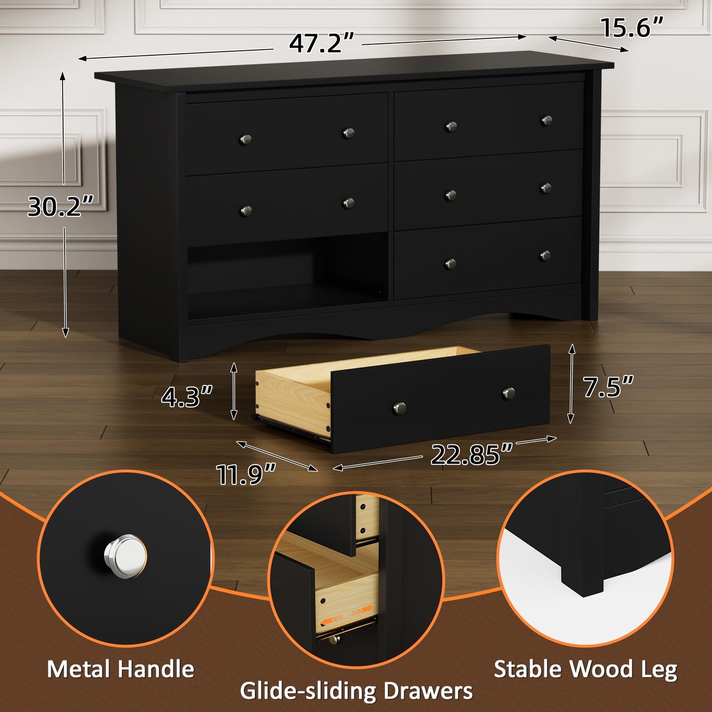 Flamaker Dresser for Bedroom, 6 Drawer Dresser, 47.2'' Wood Dressers, Wide Chest of Drawer, Storage Drawers, Storage Organizer for Closet, Hallway (Black)