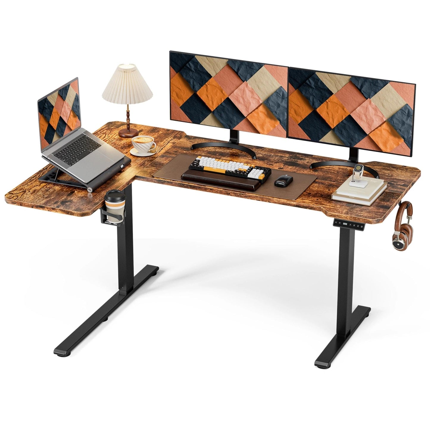 Acrolix L Shaped Electric Standing Desk - 59x40 Inch Reversible Corner Sit Stand Desk with Hook&Cup Holder,Electric Height Adjustable Table,for Home Office Gaming Computer Desk, Rustic Brown